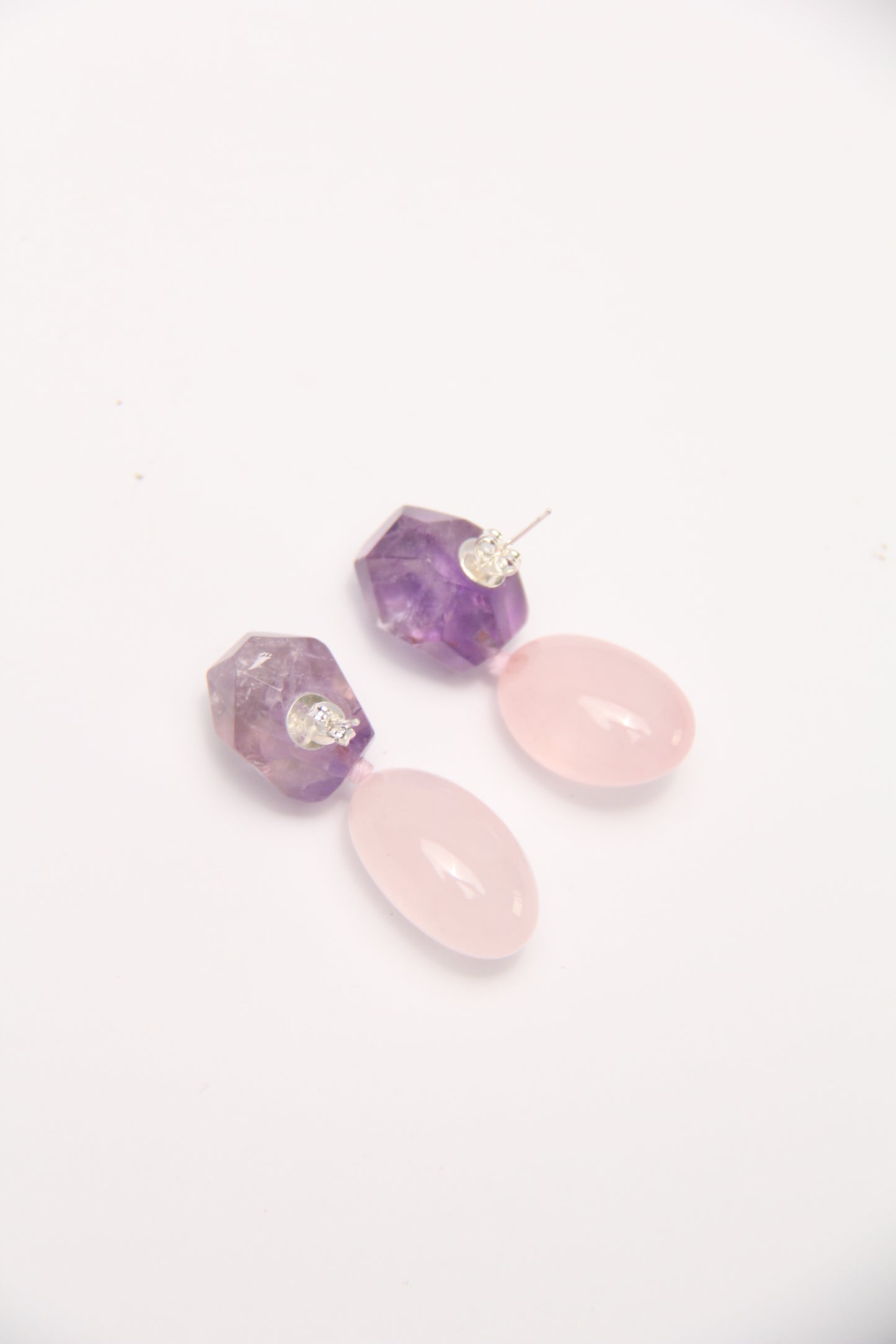 Earrings: rose quartz, amethyst