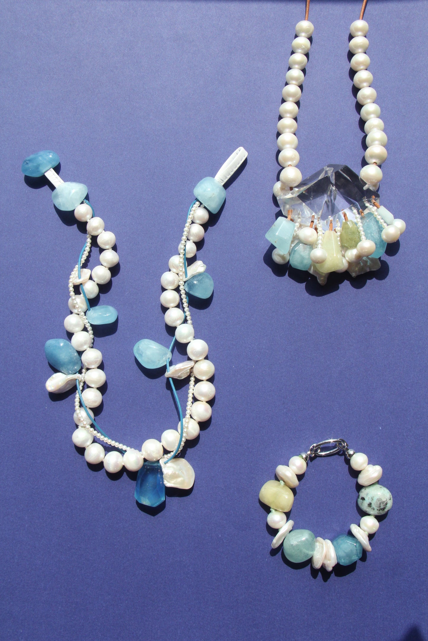 Necklace: aquamarine, morganite, pearls