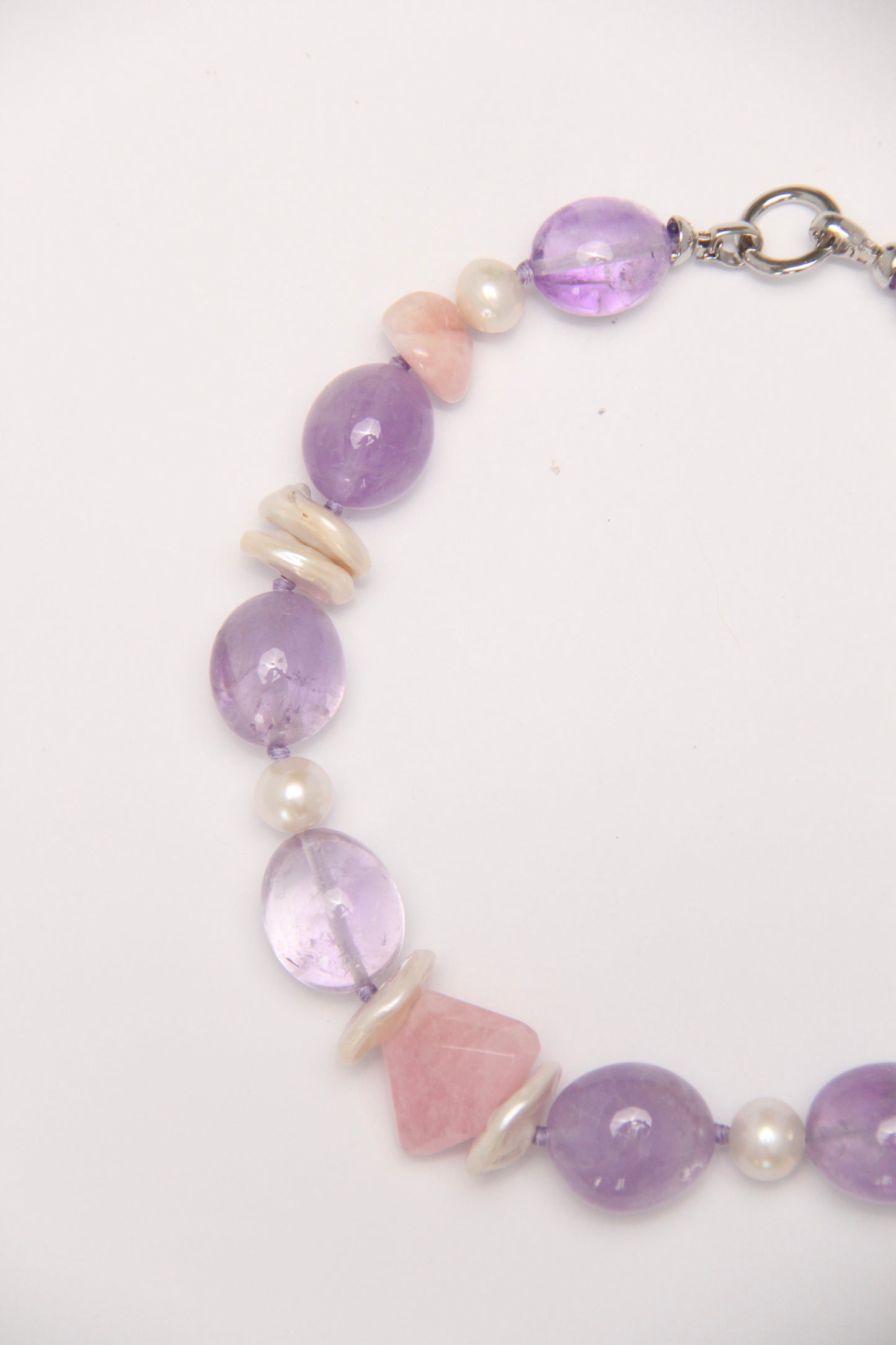 Necklace: amethyst, morganite, aquamarine, pearls