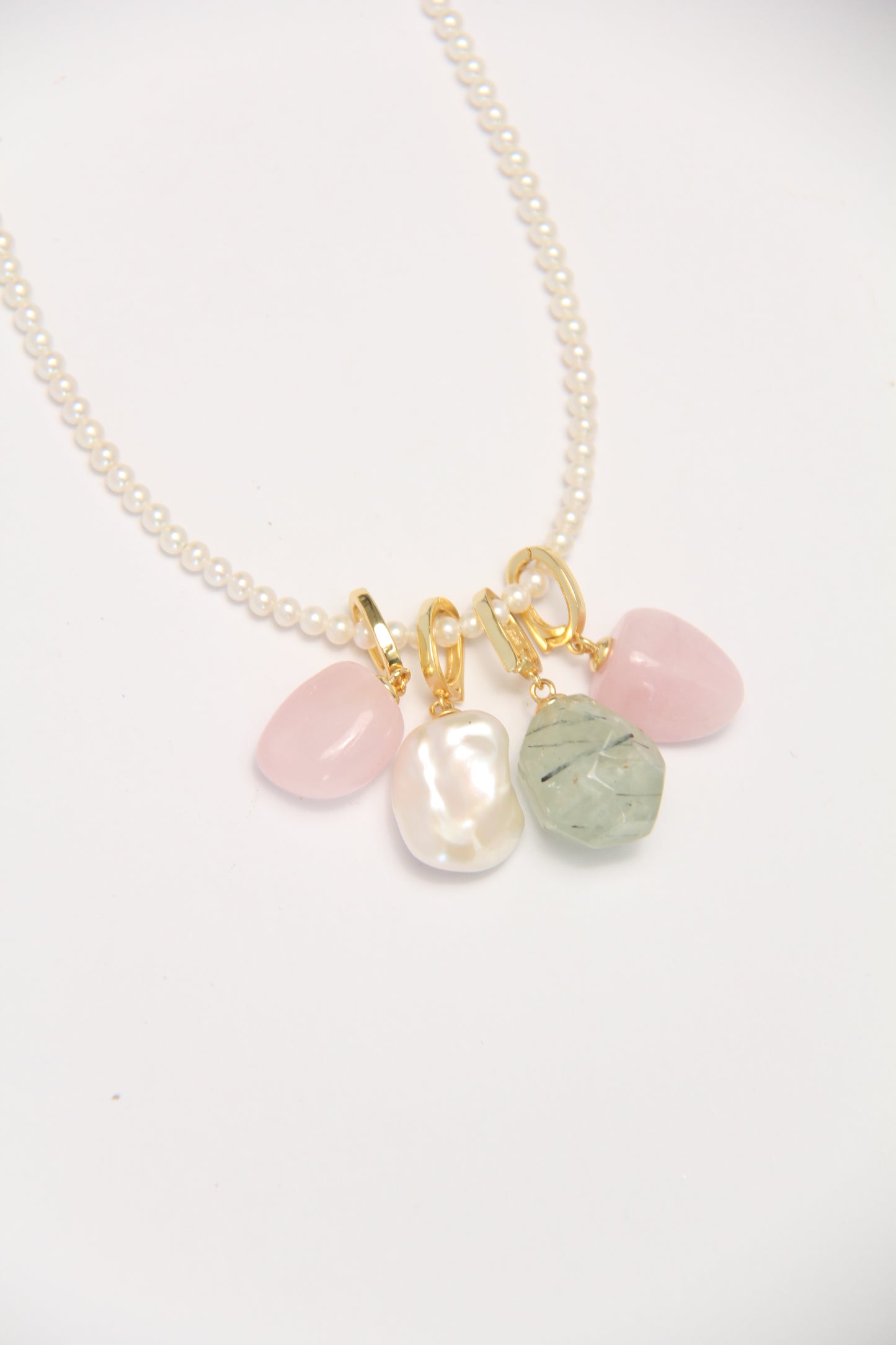 Charms: morganite, pearls, prehnite