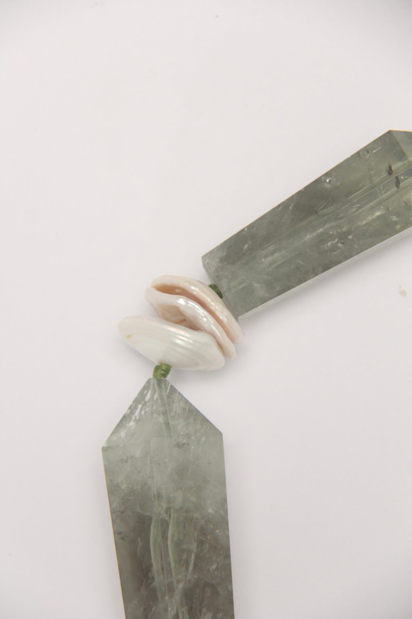Necklace: prasem quartz, pearls