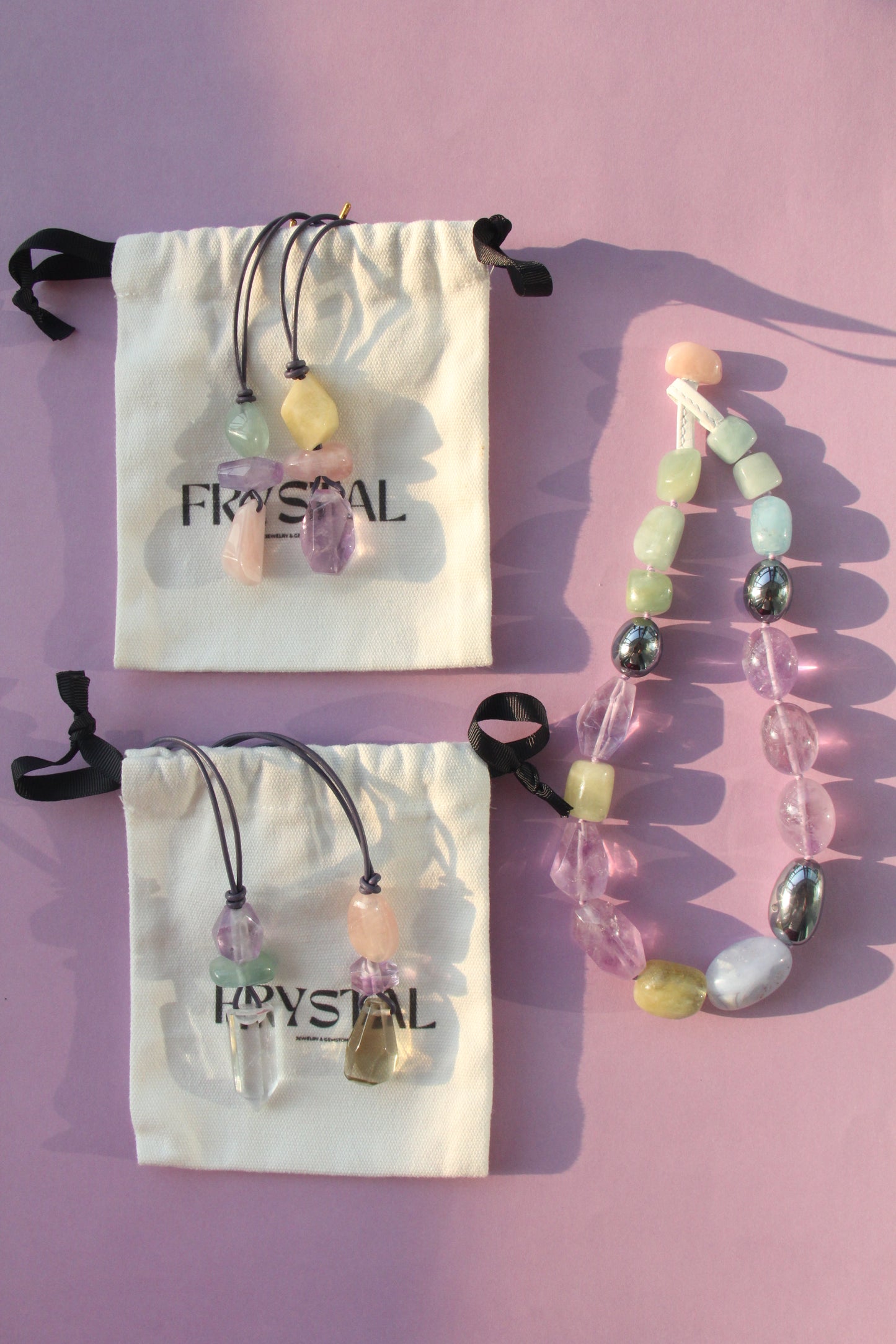 Pendant: morganite, amethyst, citrine, leather