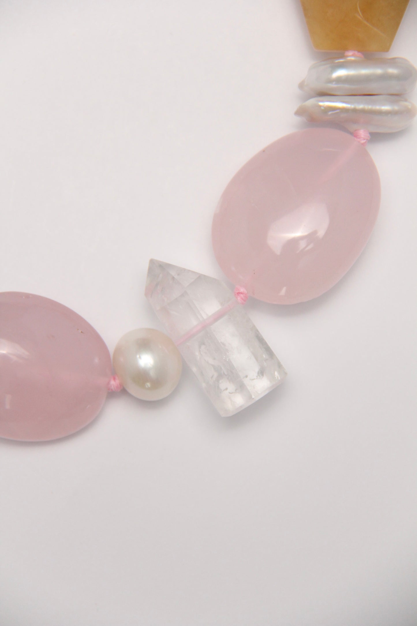 Necklace: rose quartz, aquamarine, pearls, morganite, phantom quartz