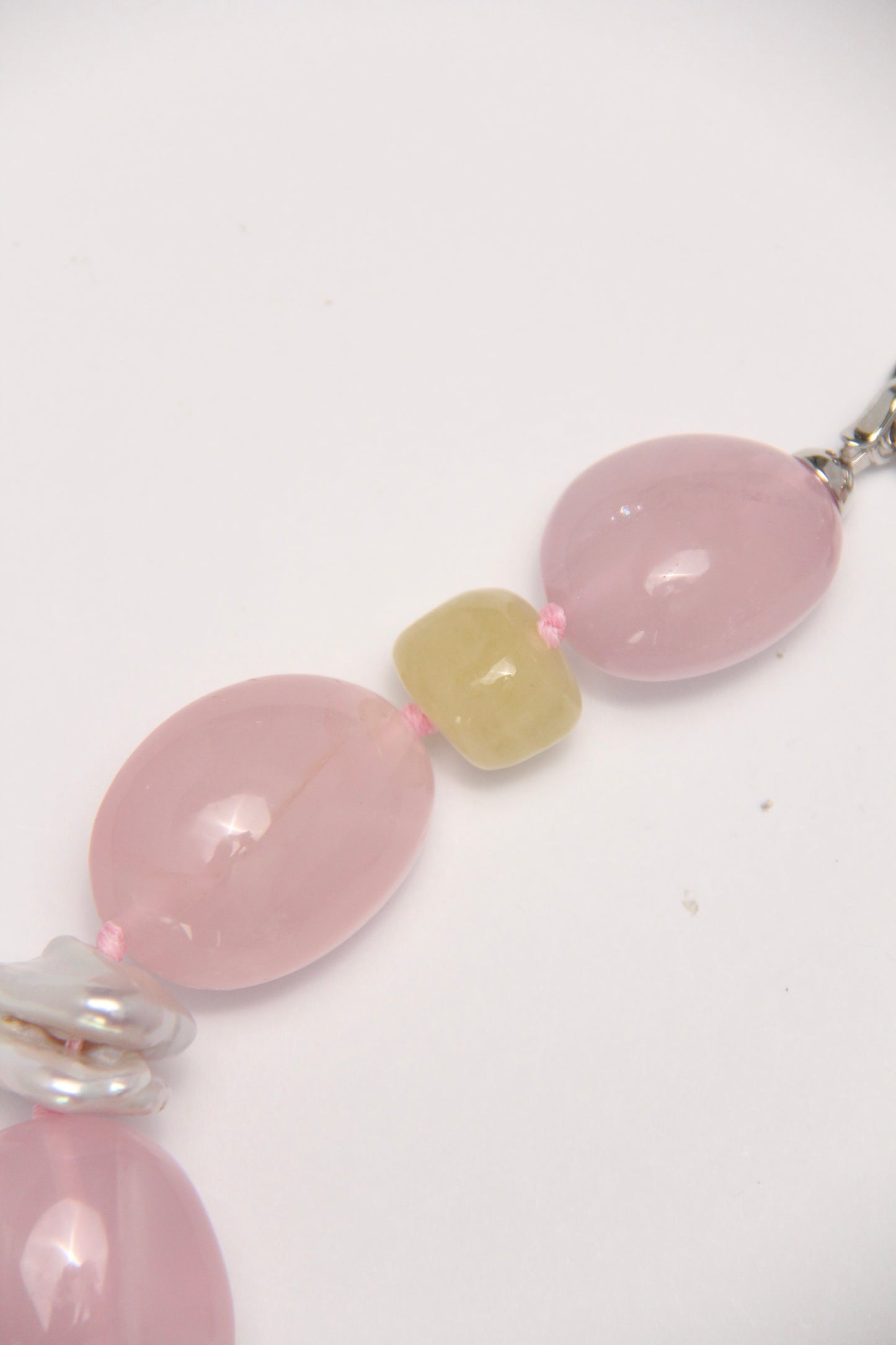 Necklace: rose quartz, aquamarine, pearls, morganite, phantom quartz