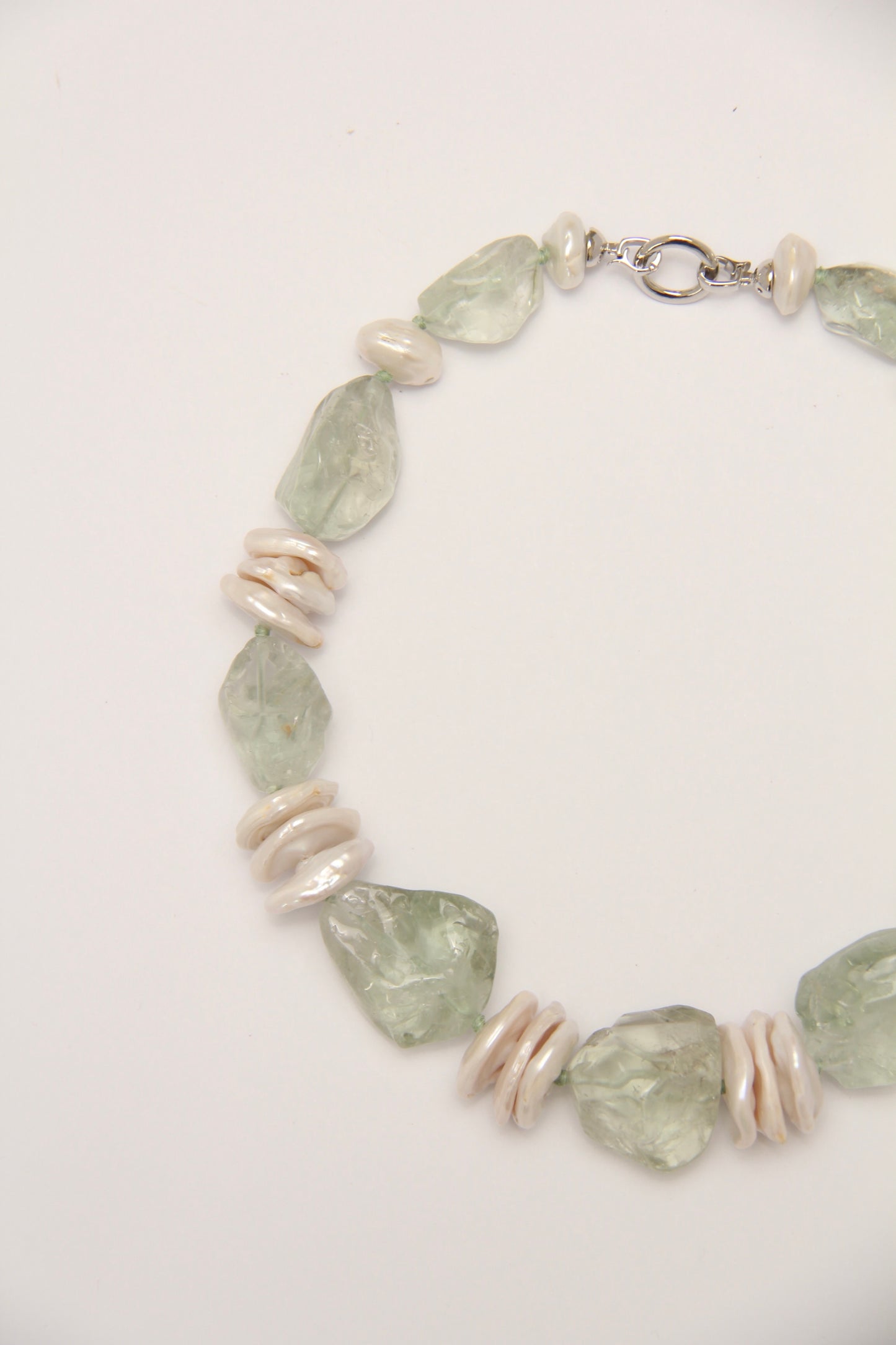 Necklace: pearls, prasem quartz