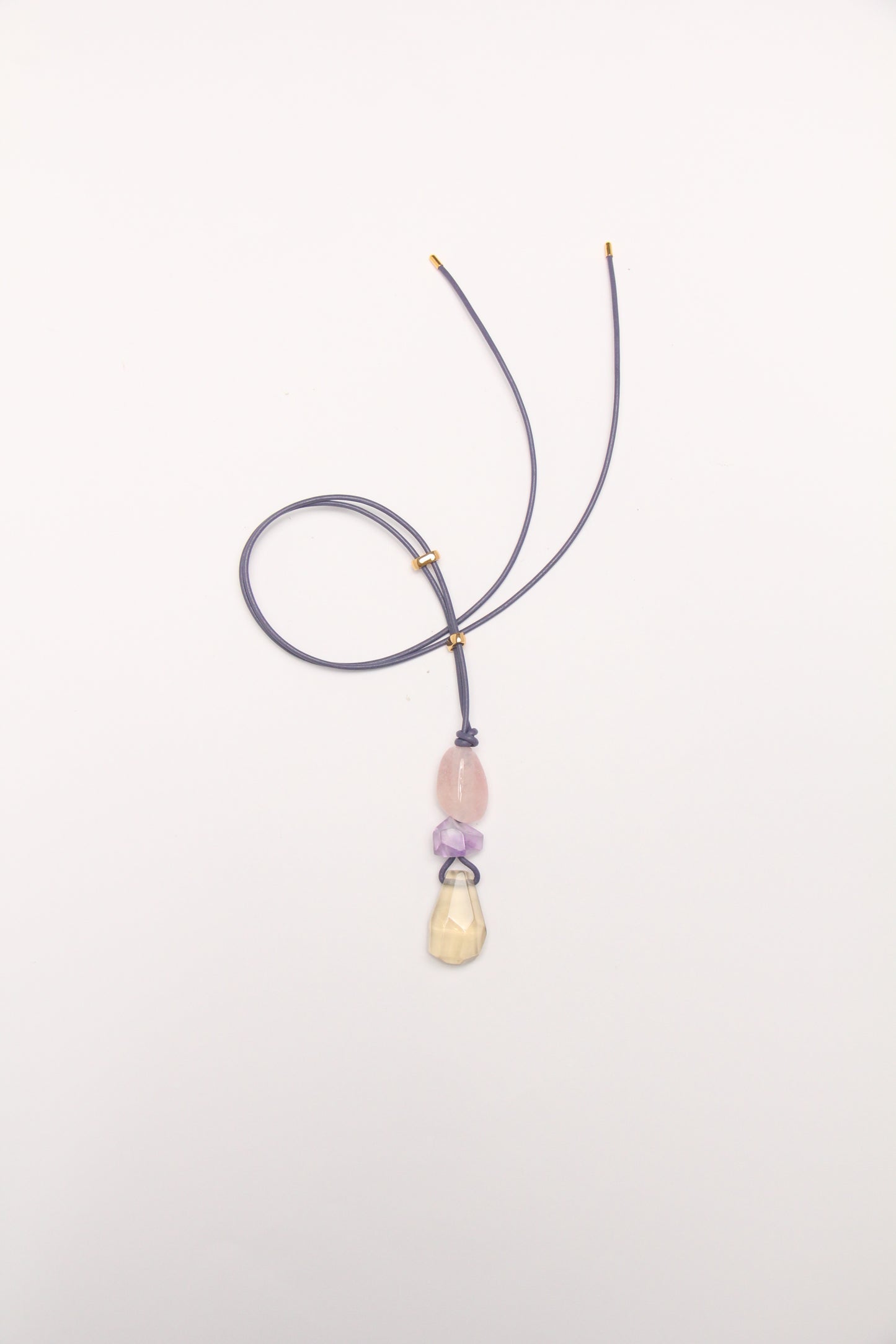 Pendant: morganite, amethyst, citrine, leather