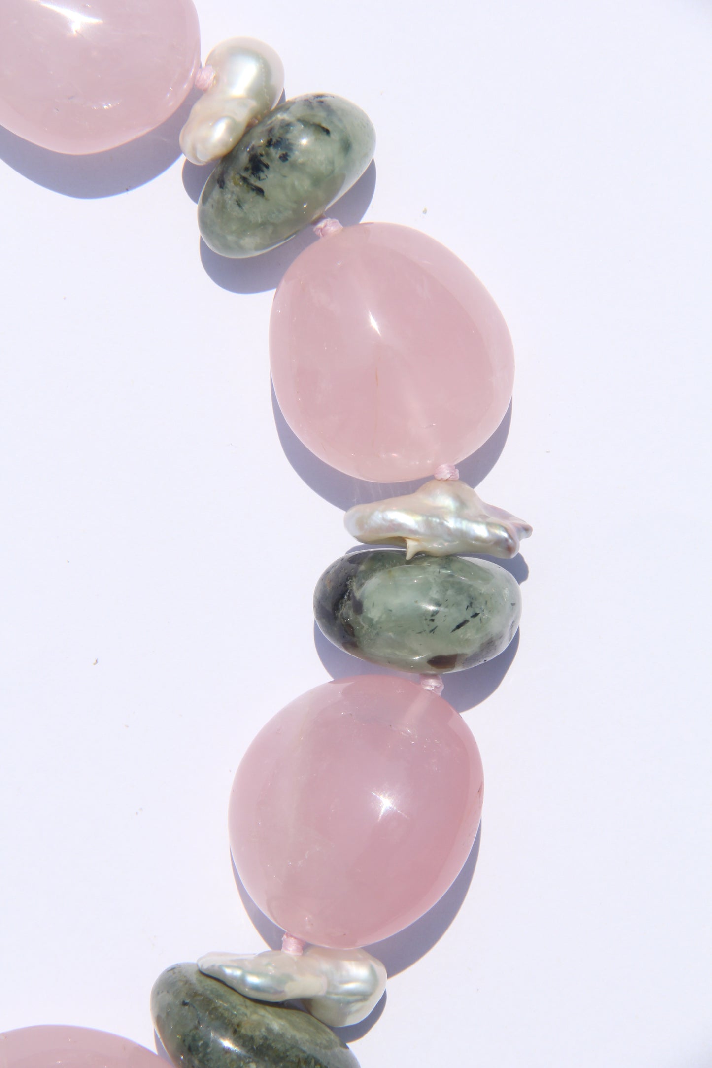 Necklace: rose quartz, pearls, prehnite