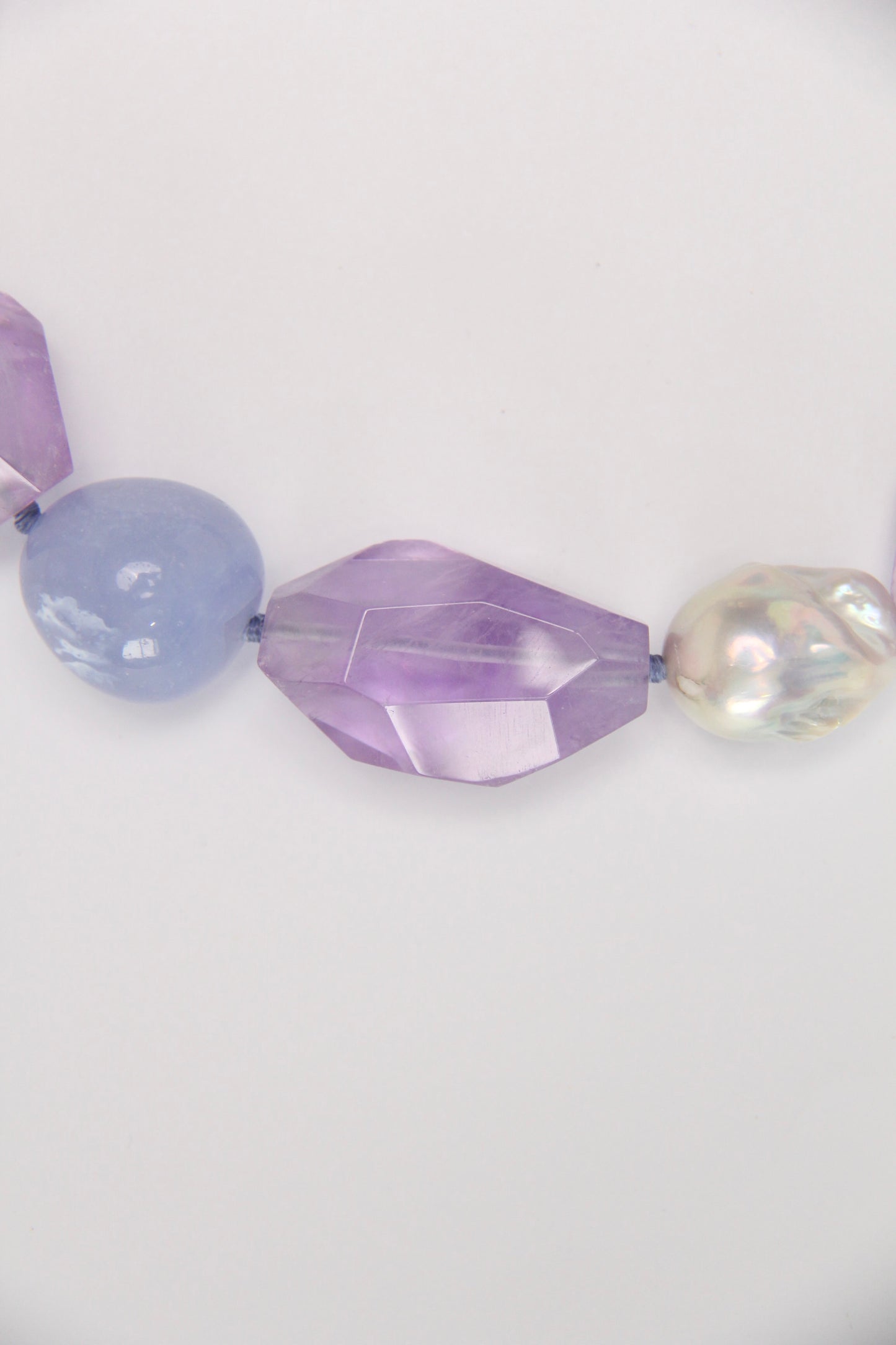 Necklace: blue lace agate, amethyst, pearls
