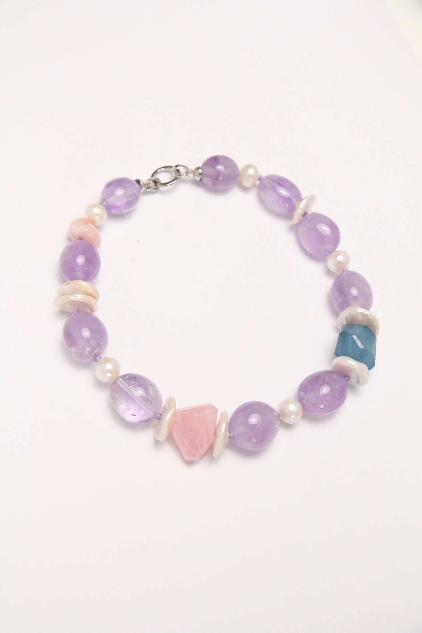 Necklace: amethyst, morganite, aquamarine, pearls