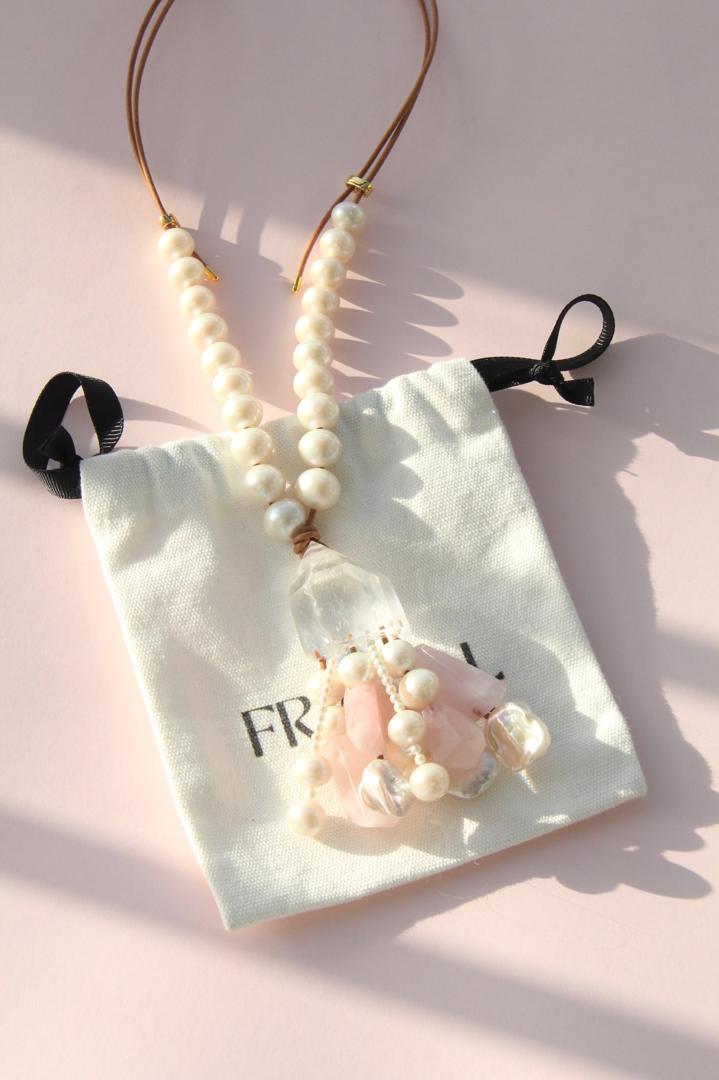 Pendant: quartz, pearls, morganite