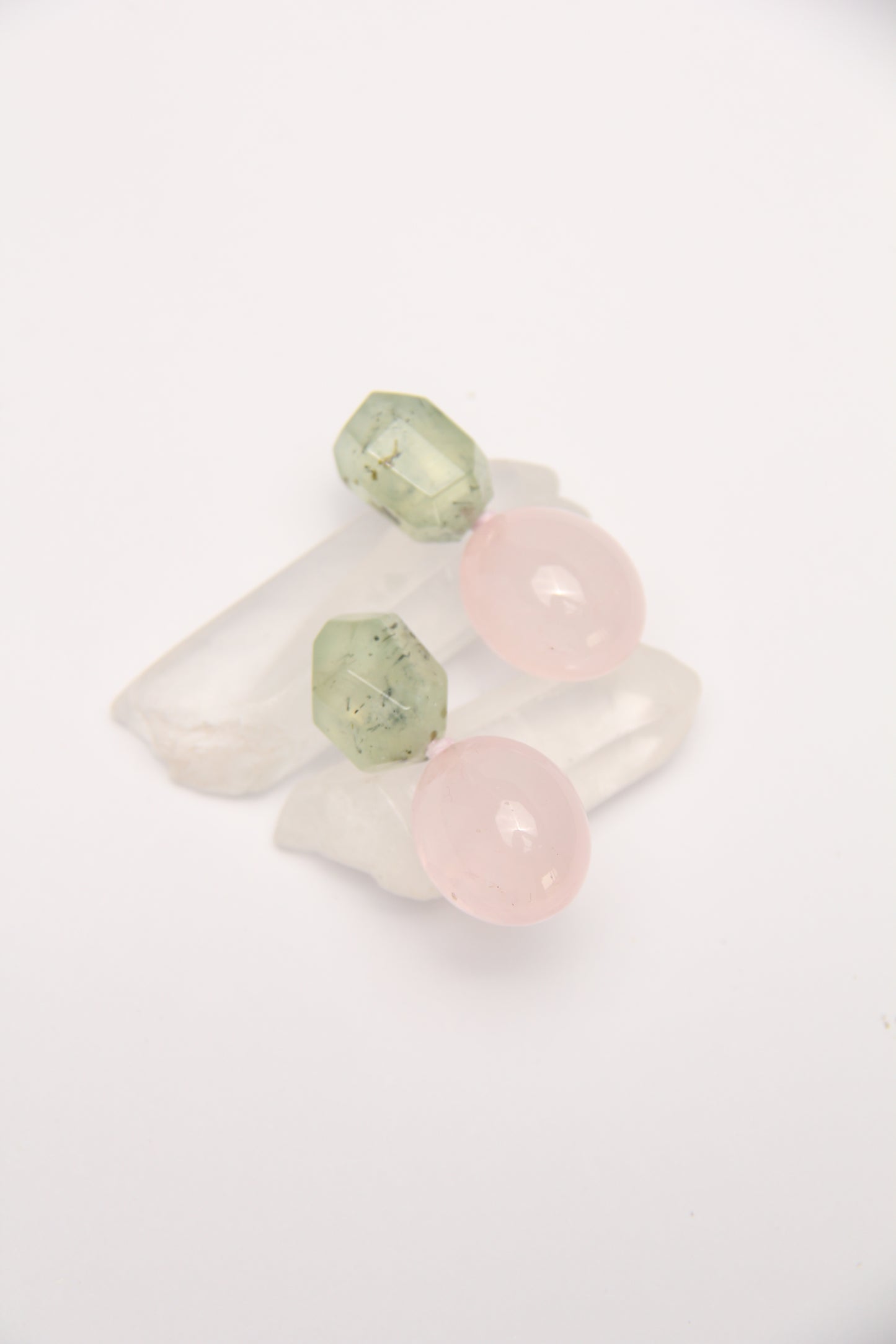 Earrings: prehnite, rose quartz