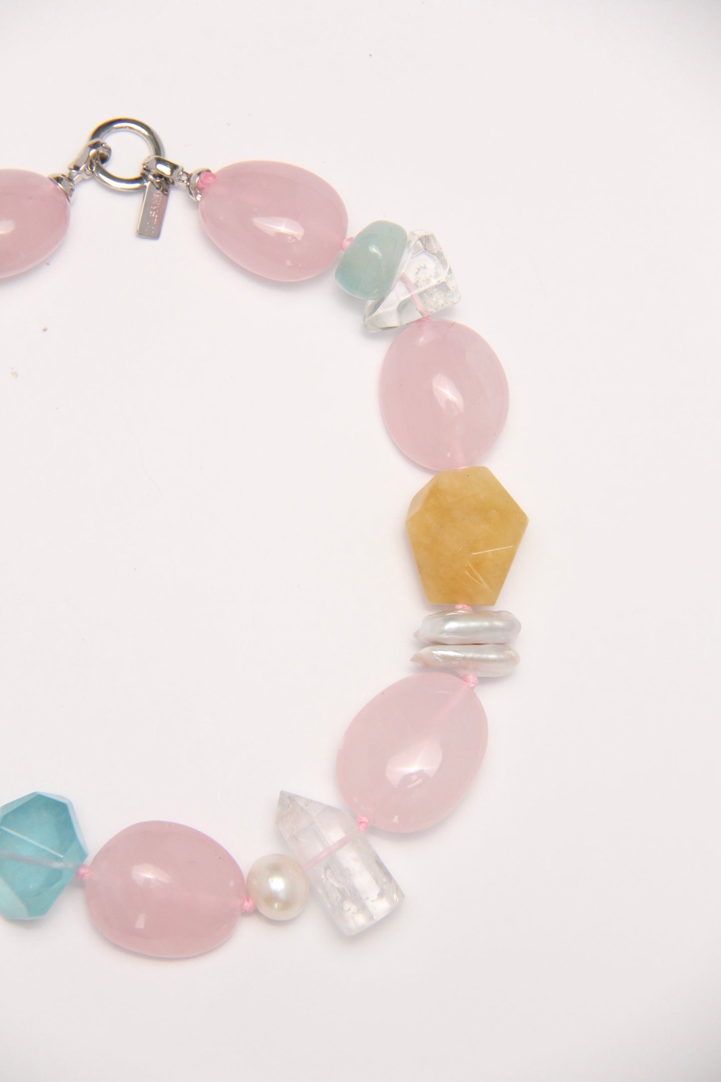 Necklace: rose quartz, aquamarine, pearls, morganite, phantom quartz