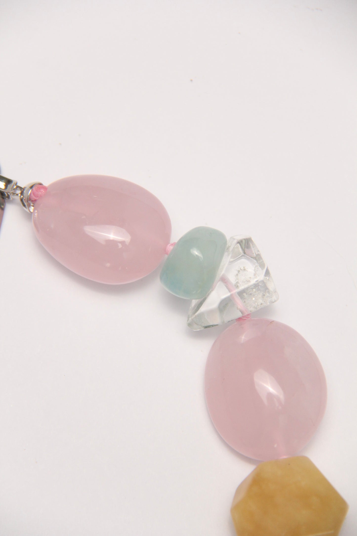 Necklace: rose quartz, aquamarine, pearls, morganite, phantom quartz