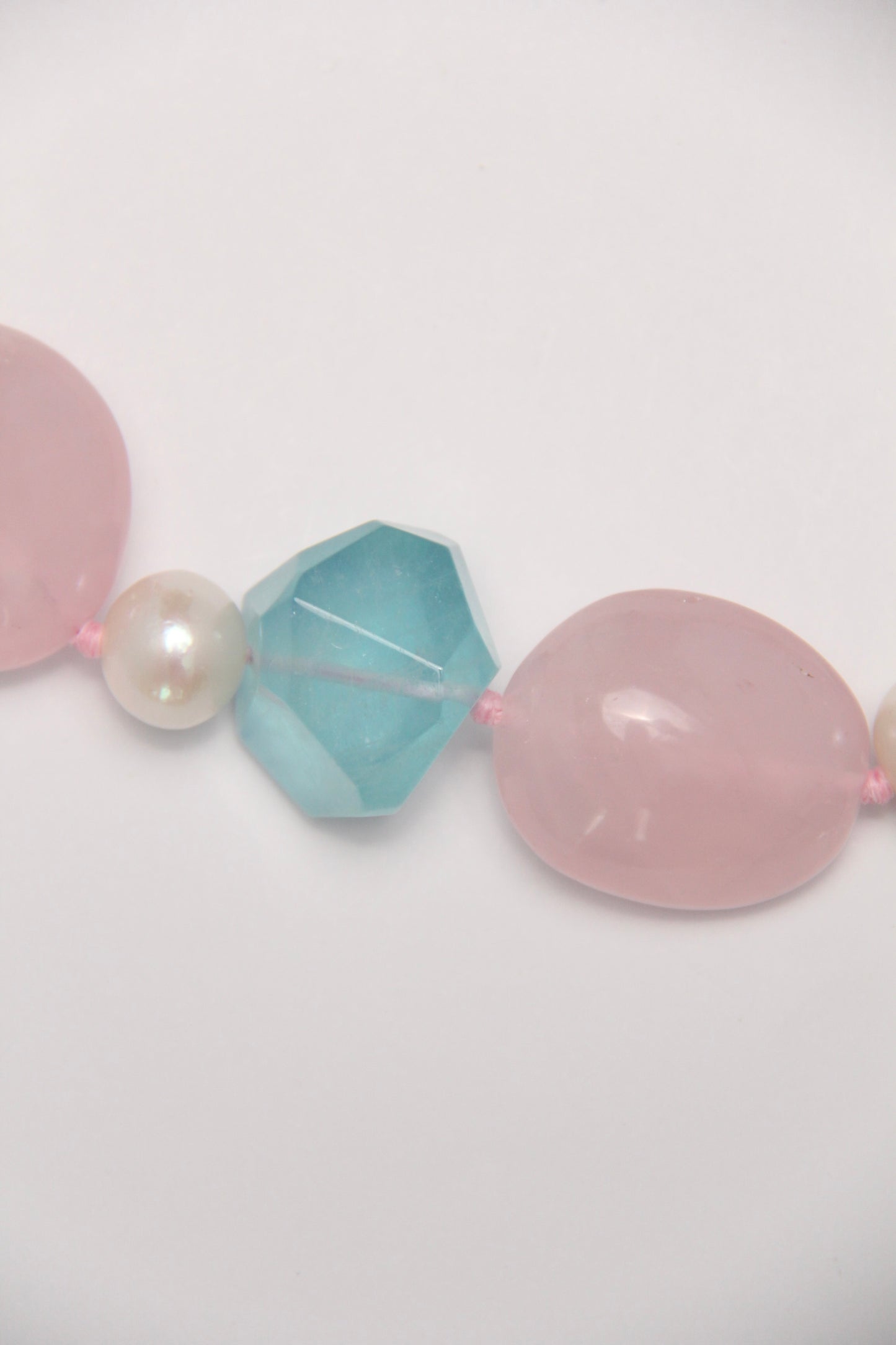 Necklace: rose quartz, aquamarine, pearls, morganite, phantom quartz
