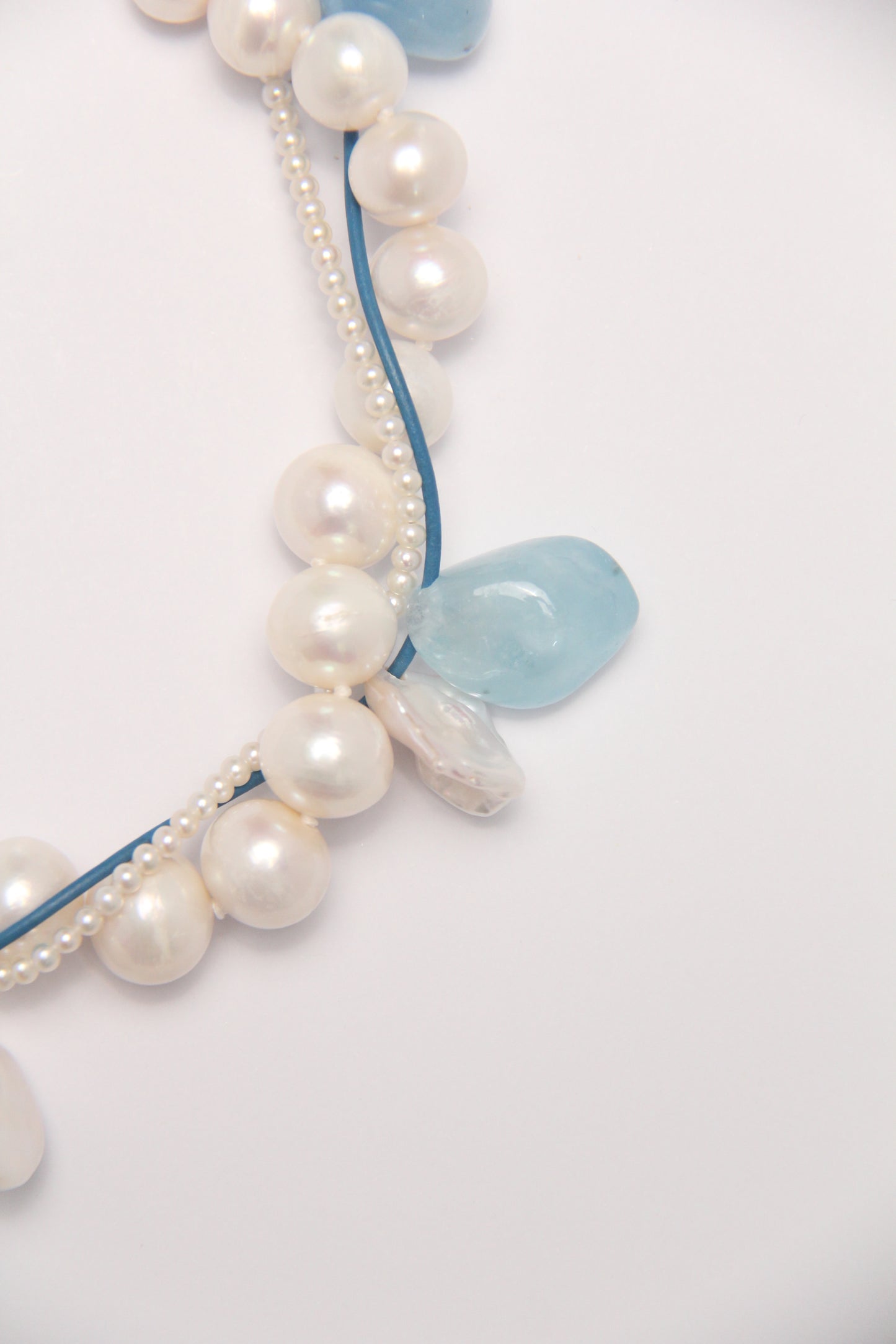 Necklace: aquamarine, morganite, pearls