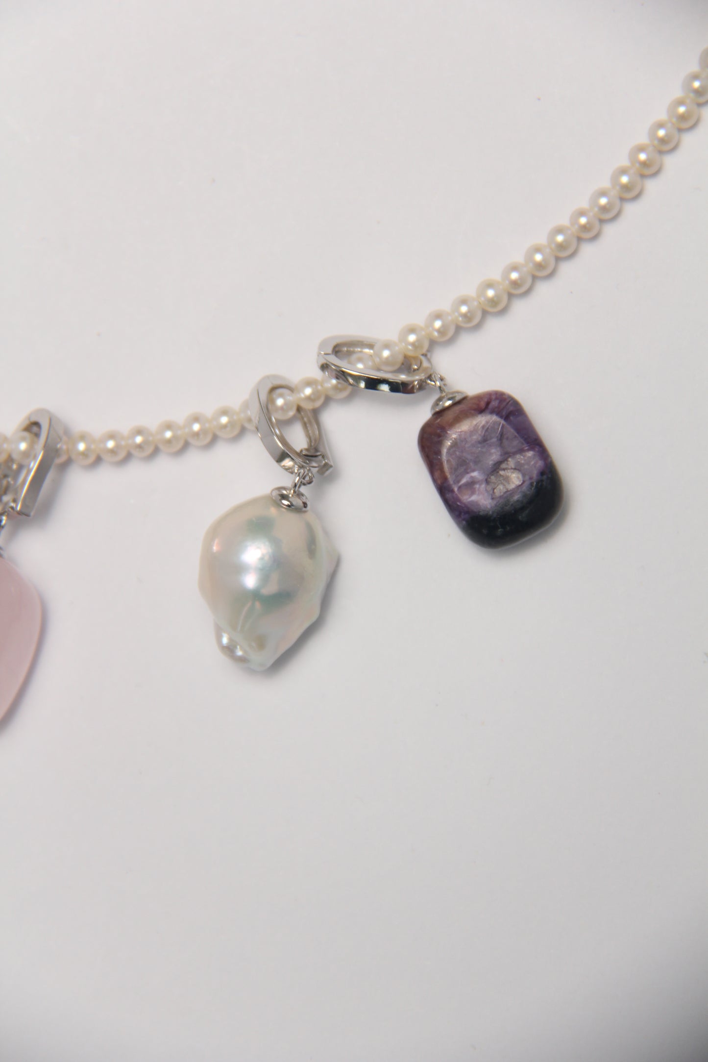 Charms: charoite, morganite, pearls