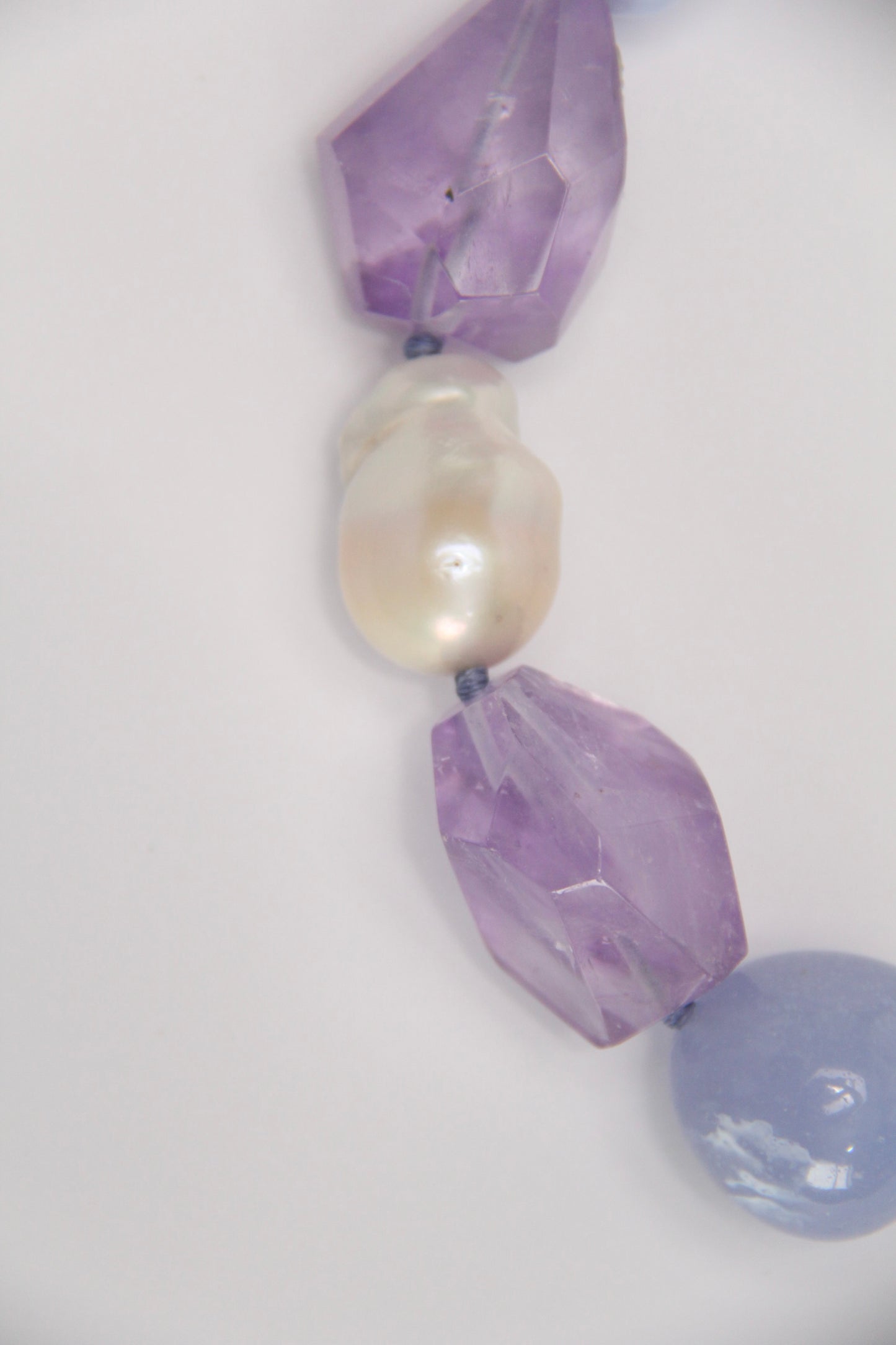 Necklace: blue lace agate, amethyst, pearls