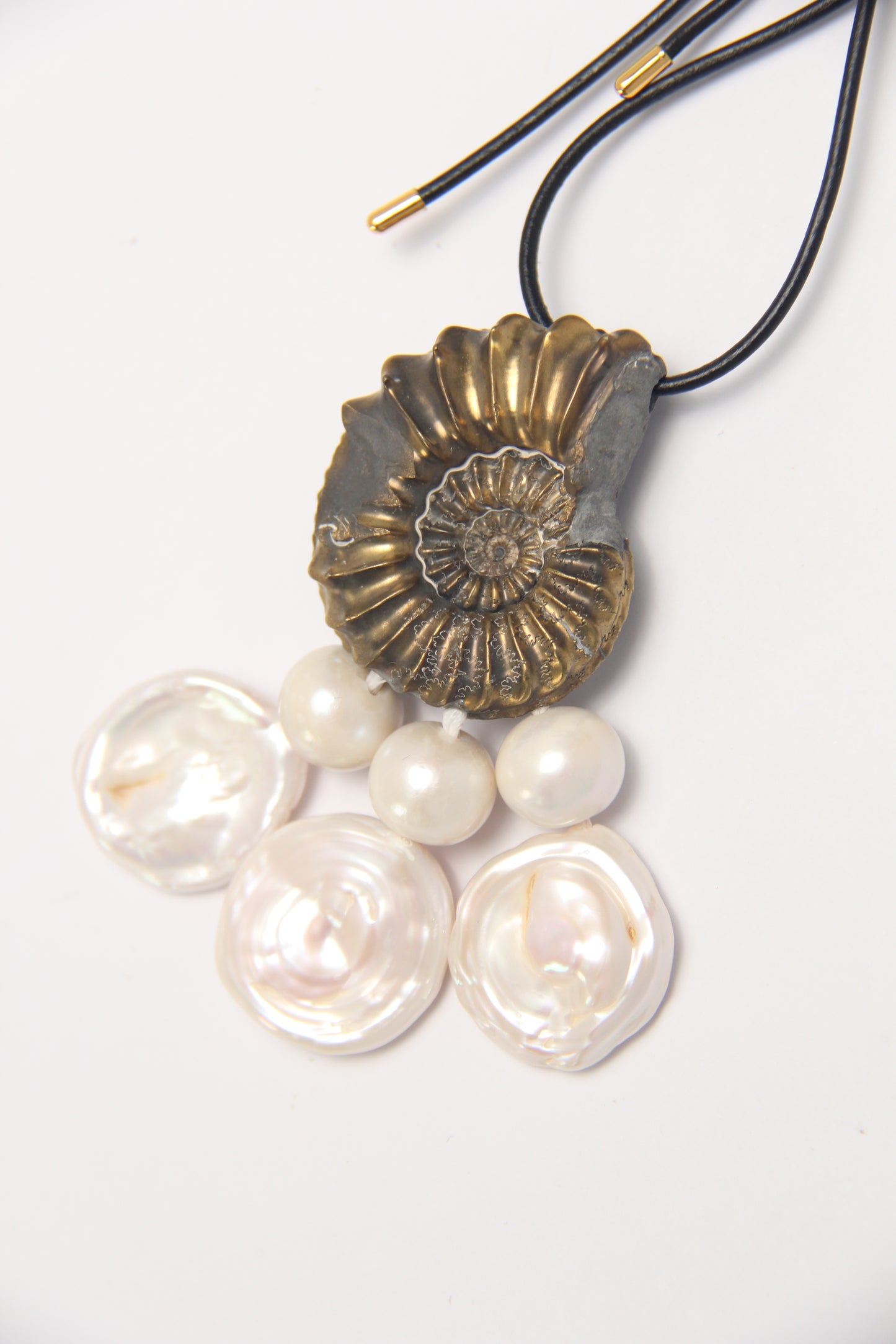 Pendant: Natural Genuine Pyrite Replaced Pleuroceras Ammonite from Germany, pearls