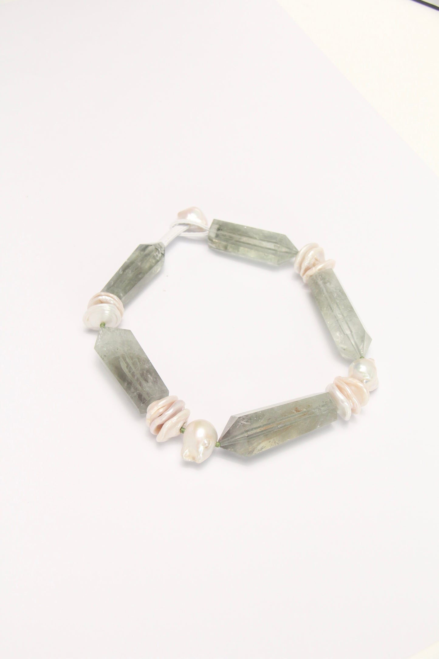 Necklace: prasem quartz, pearls