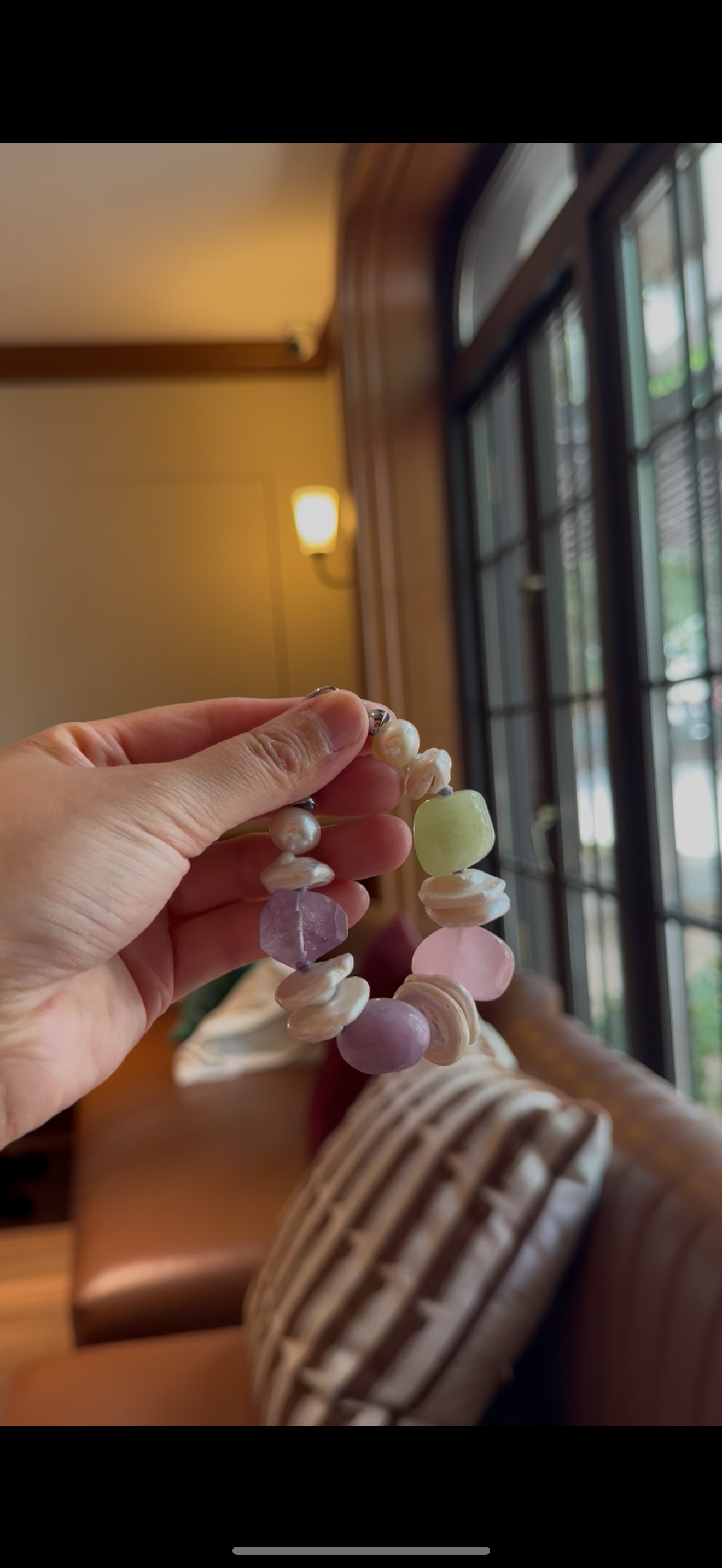 Bracelet: morganite, amethyst, lepidolite, pearls