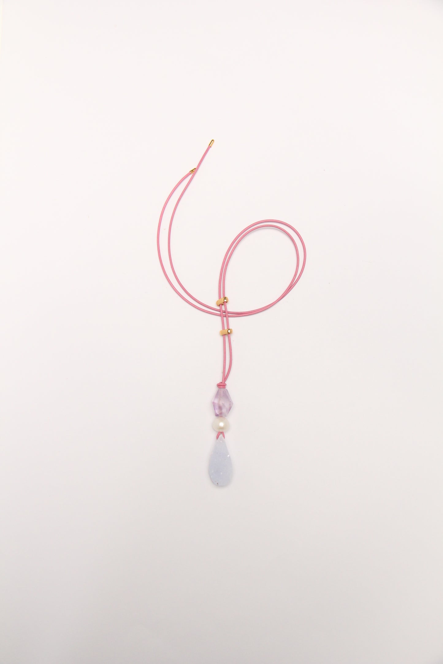 Pendant: amethyst, pearl, blue lace agate, leather