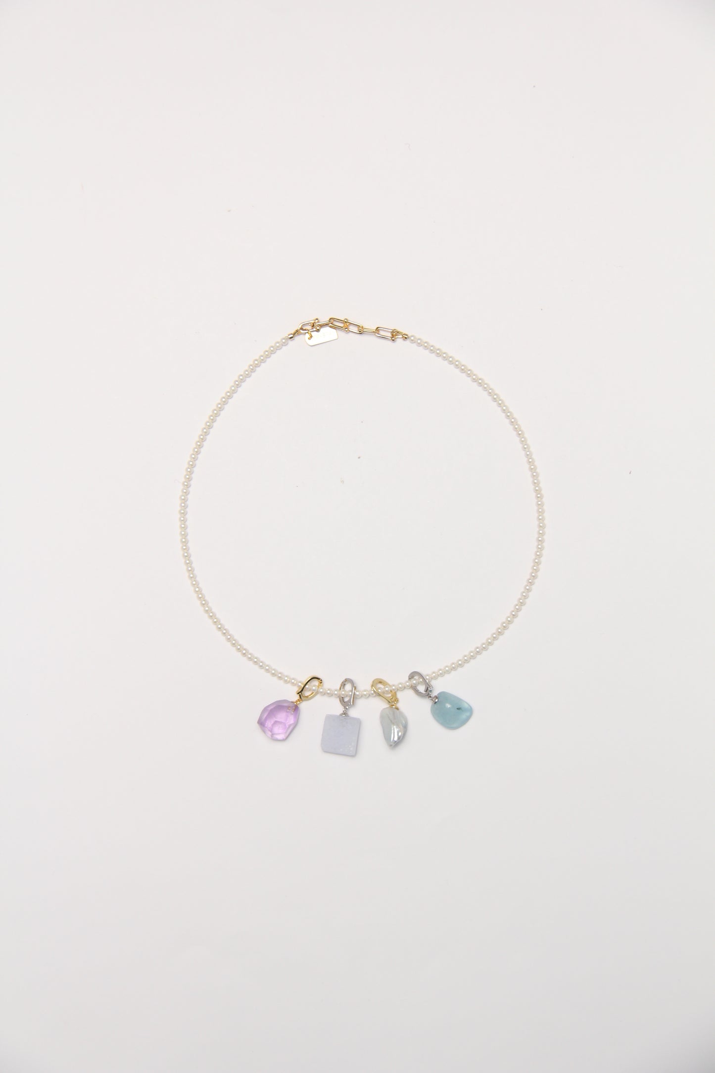 Charms: amethyst, blue lace agate, pearls, morganite