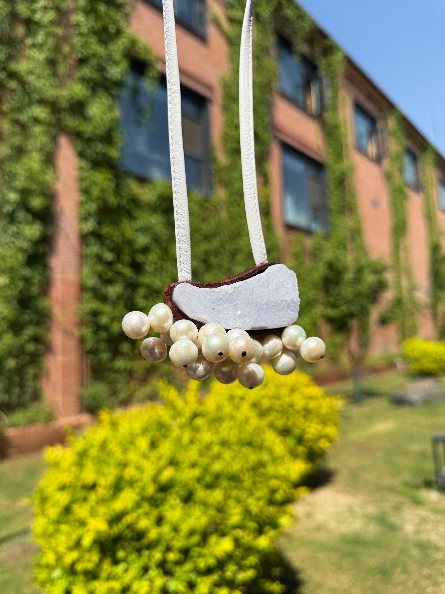 Pendant: blue lace agate, pearls, Zambia blood wood