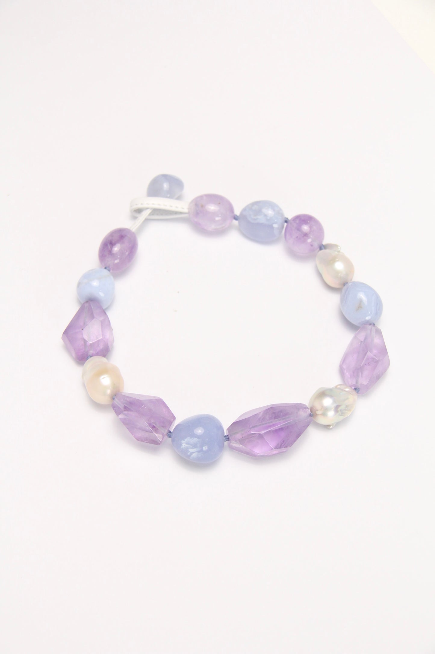 Necklace: blue lace agate, amethyst, pearls