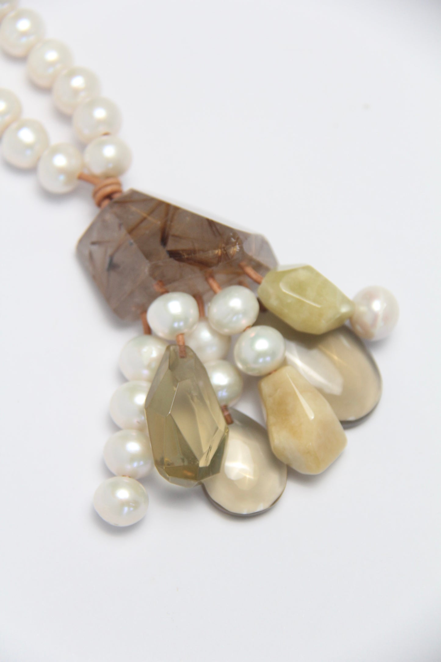 Pendant: golden rutilated quartz, pearls, morganite, citrine