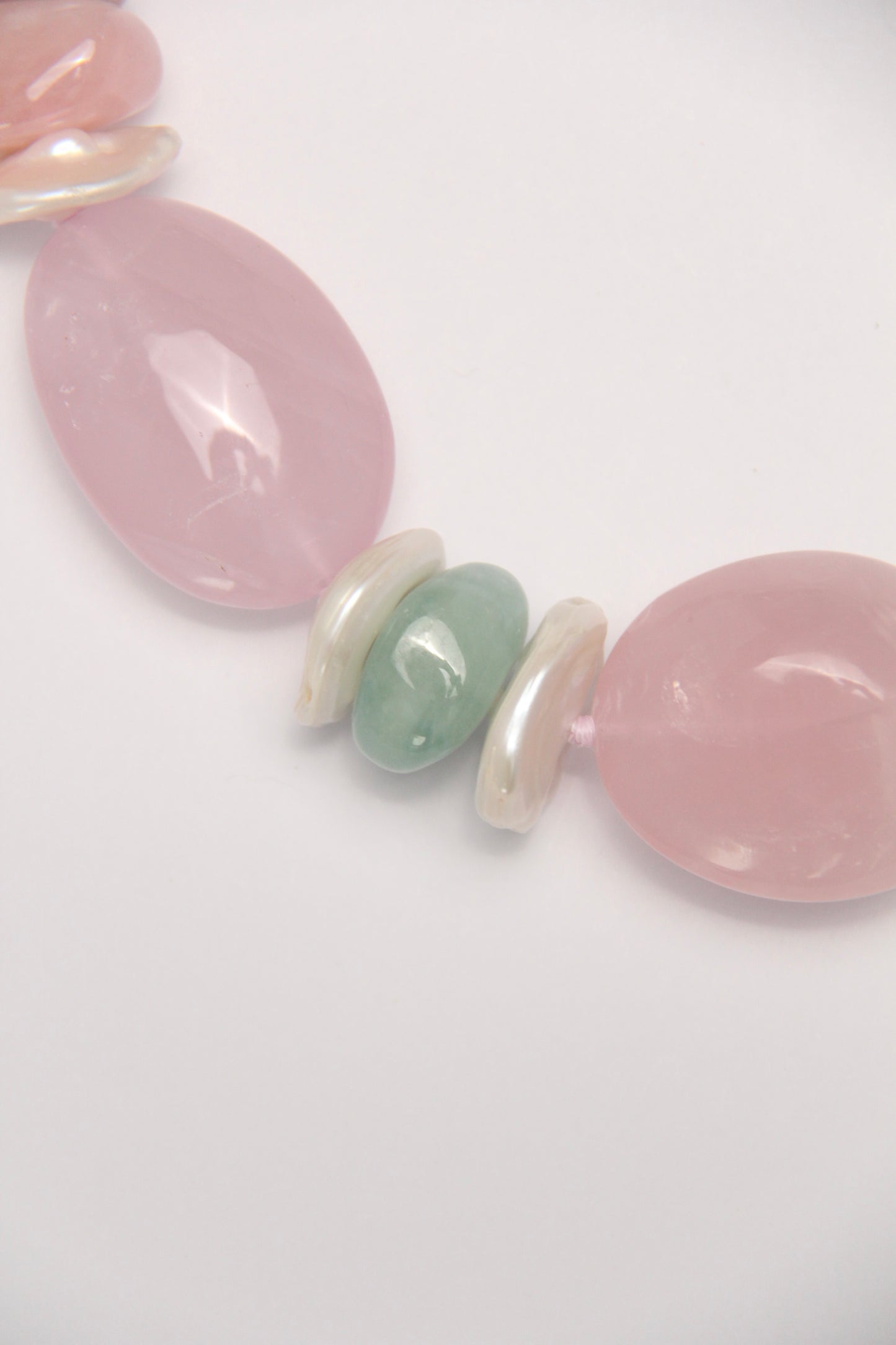 Necklace: rose quartz, morganite, pearls