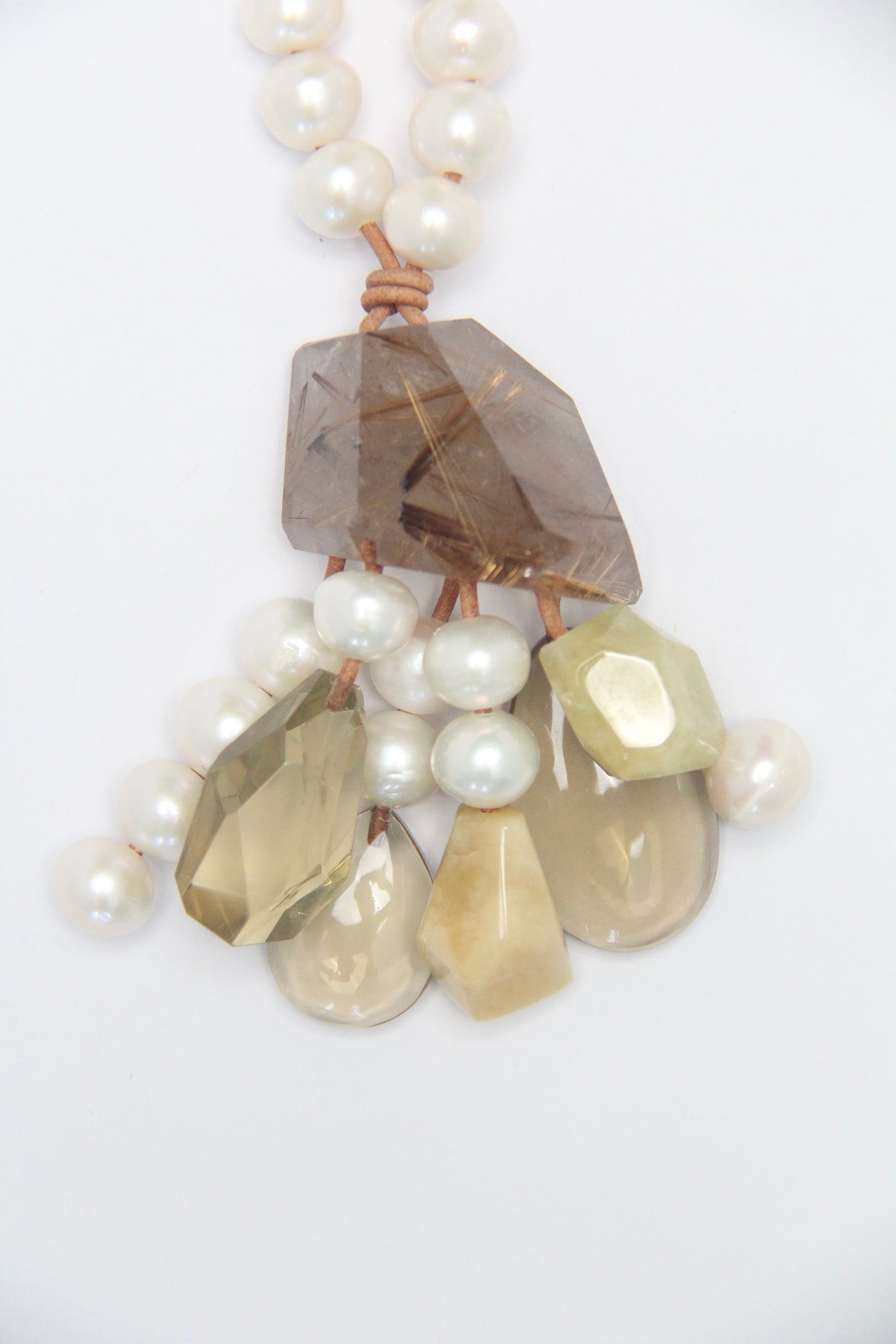 Pendant: golden rutilated quartz, pearls, morganite, citrine