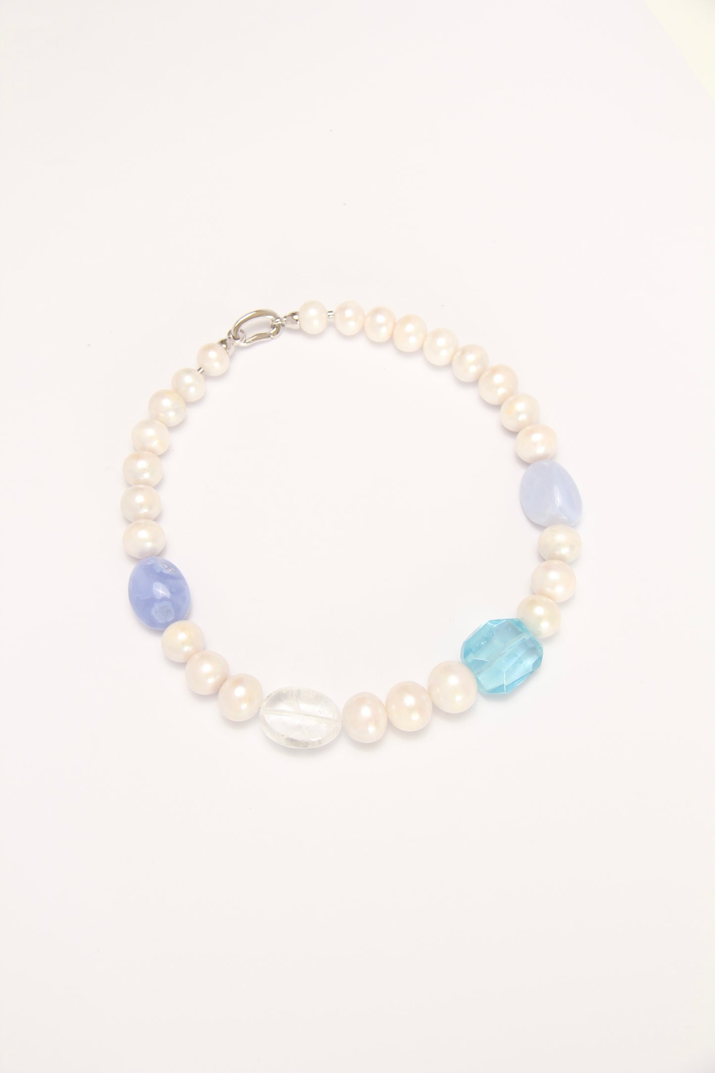 Necklace: pearls, aquamarine, blue lace agate, quartz