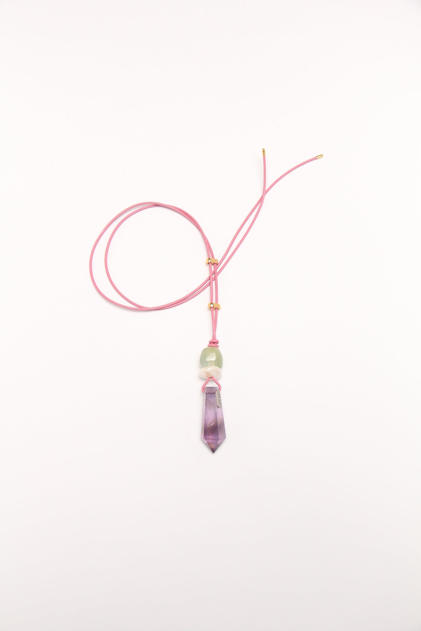 Pendant: morganite, pearl, amethyst, leather