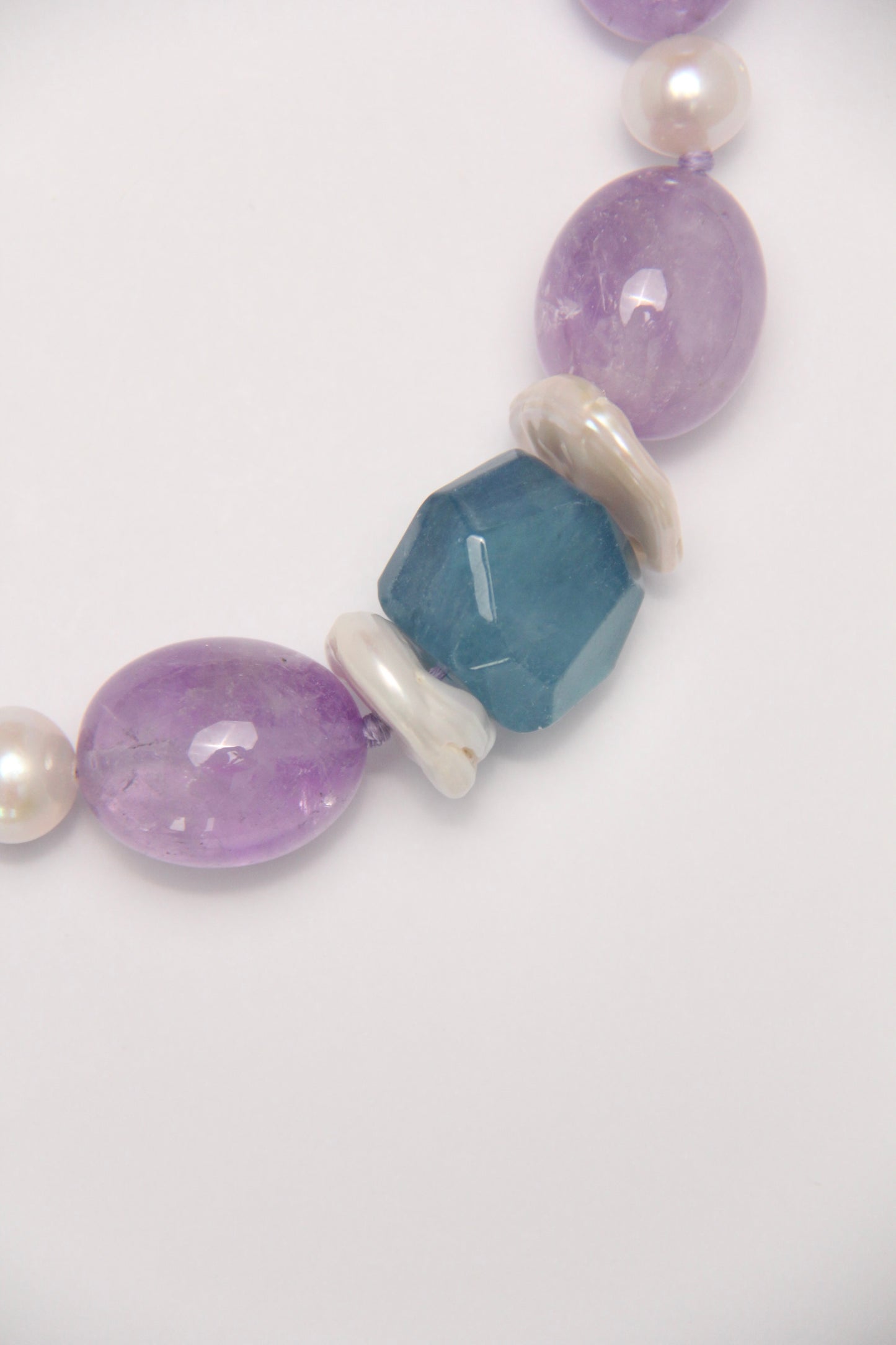 Necklace: amethyst, morganite, aquamarine, pearls