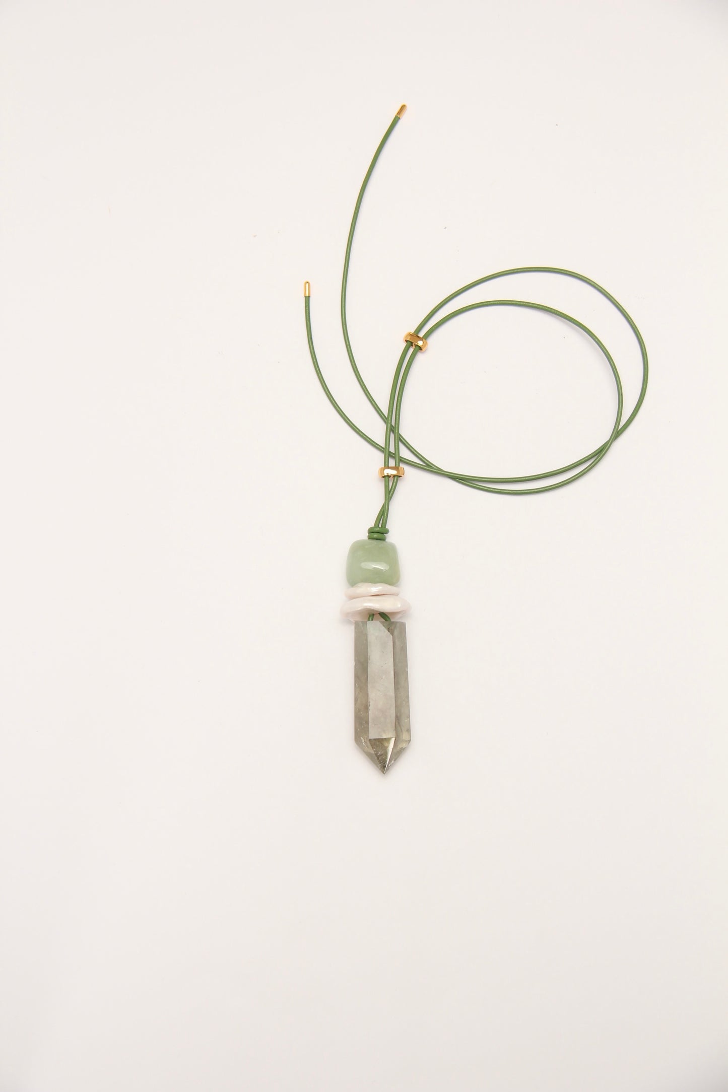 Pendant: morganite, pearls, prasem quartz