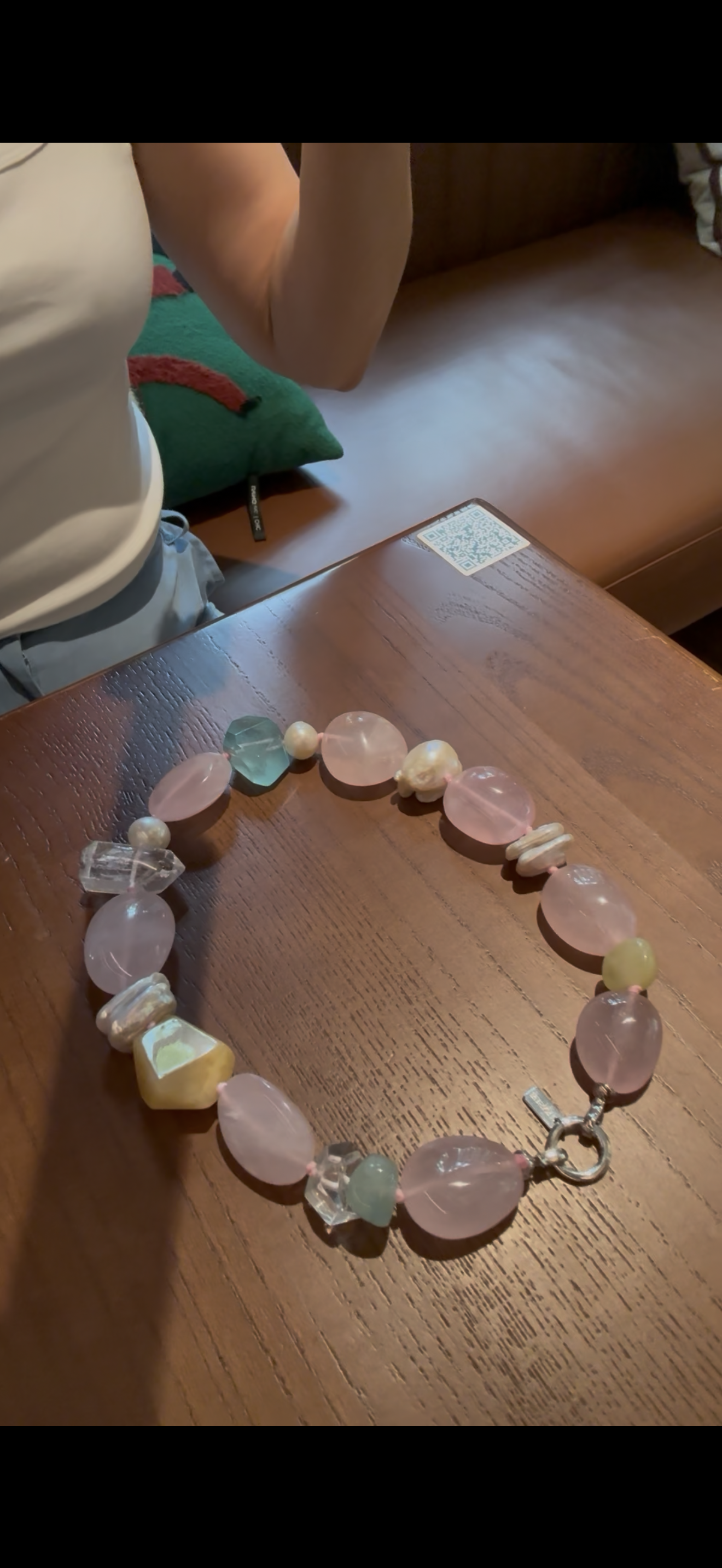 Necklace: rose quartz, aquamarine, pearls, morganite, phantom quartz