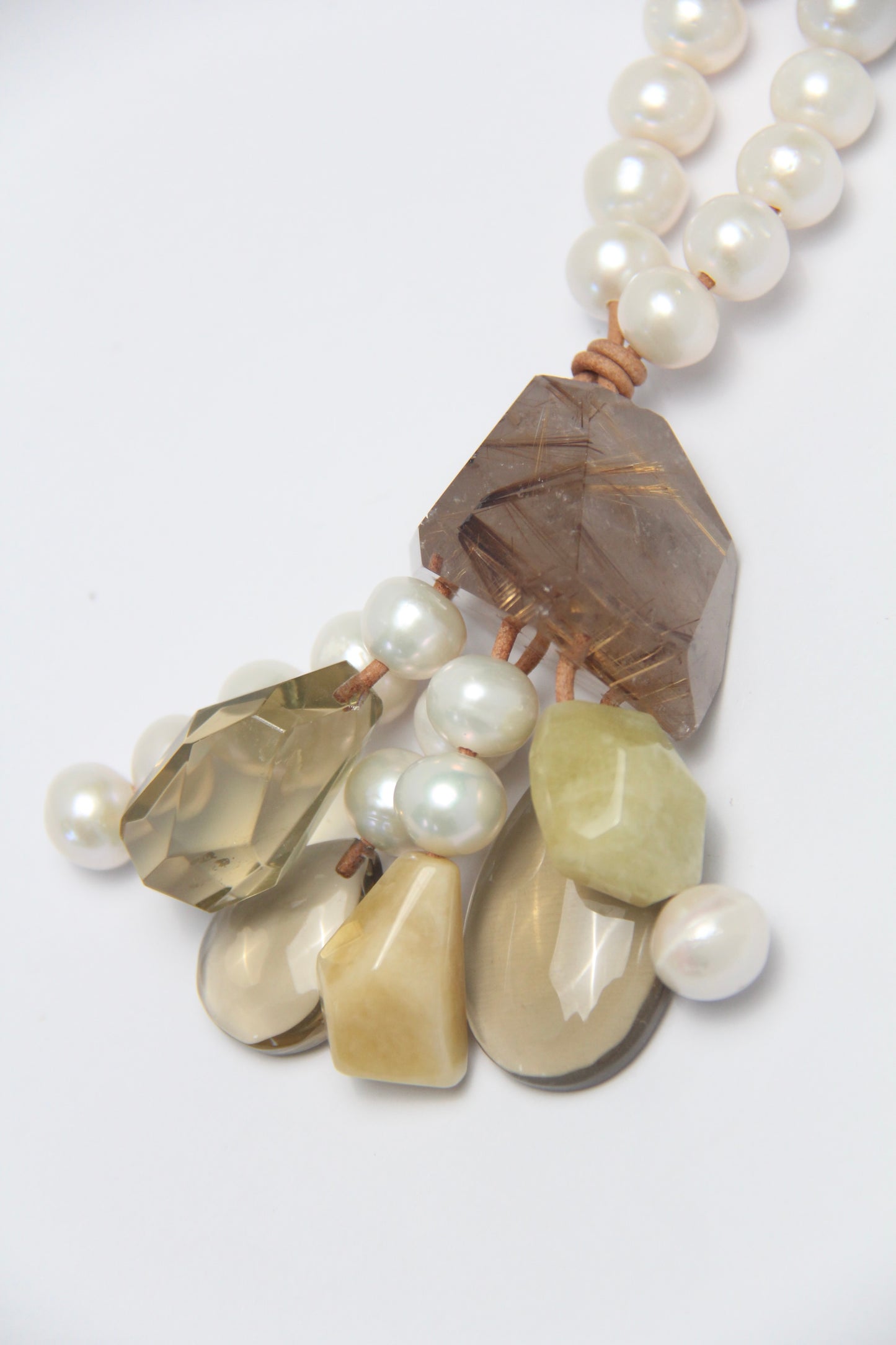 Pendant: golden rutilated quartz, pearls, morganite, citrine
