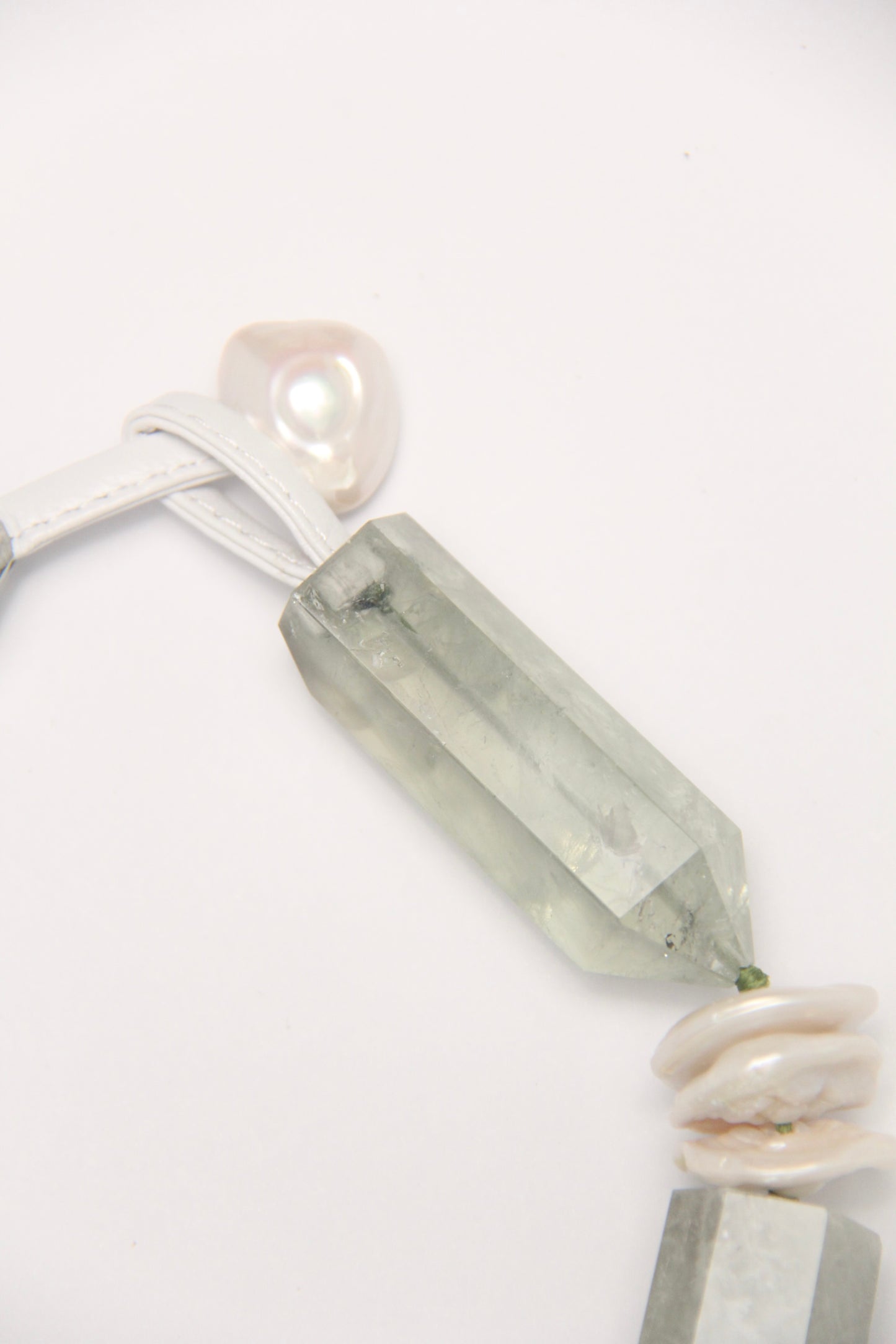 Necklace: prasem quartz, pearls