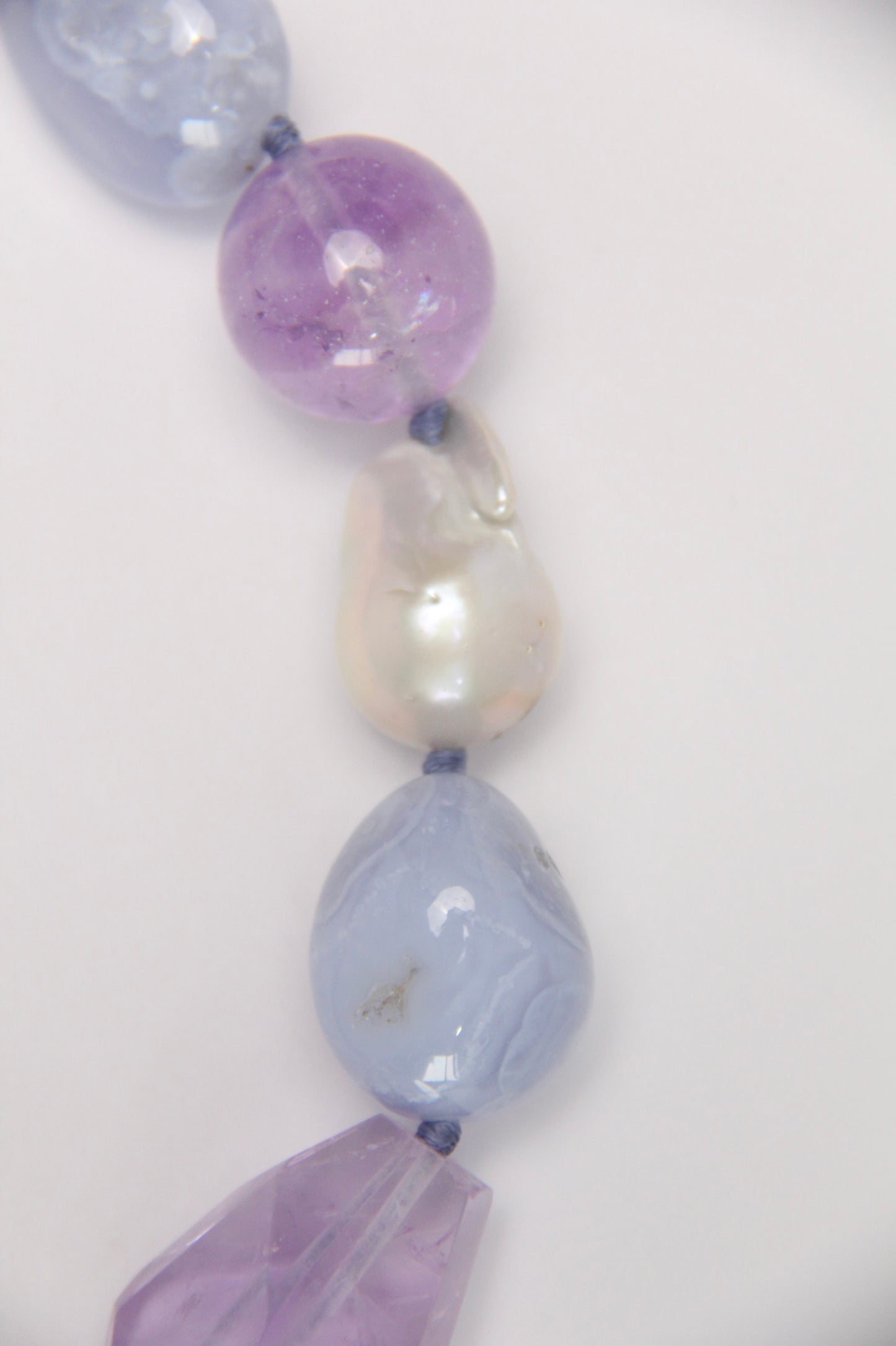 Necklace: blue lace agate, amethyst, pearls