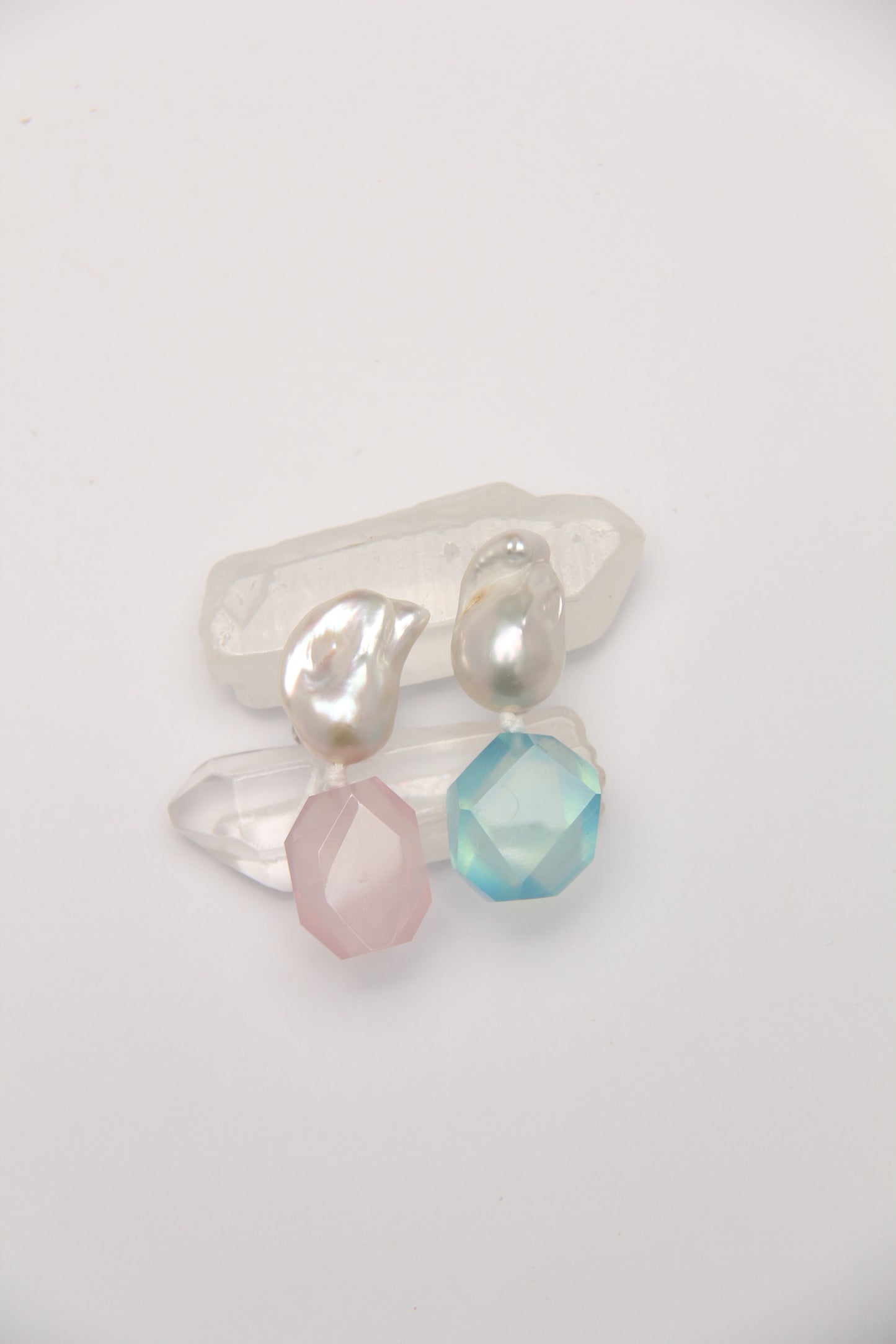 Earrings: pearls, aquamarine, rose quartz