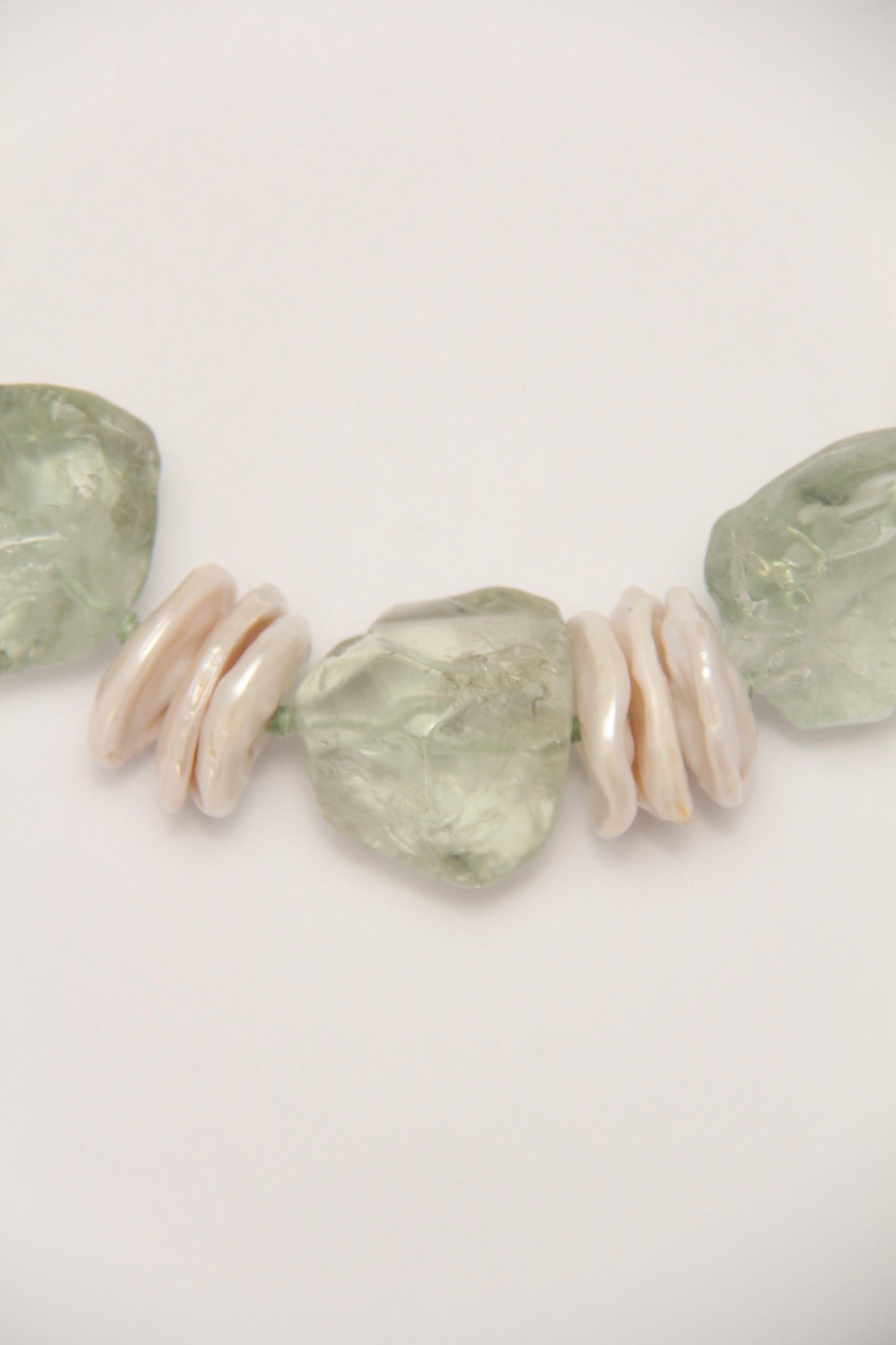 Necklace: pearls, prasem quartz