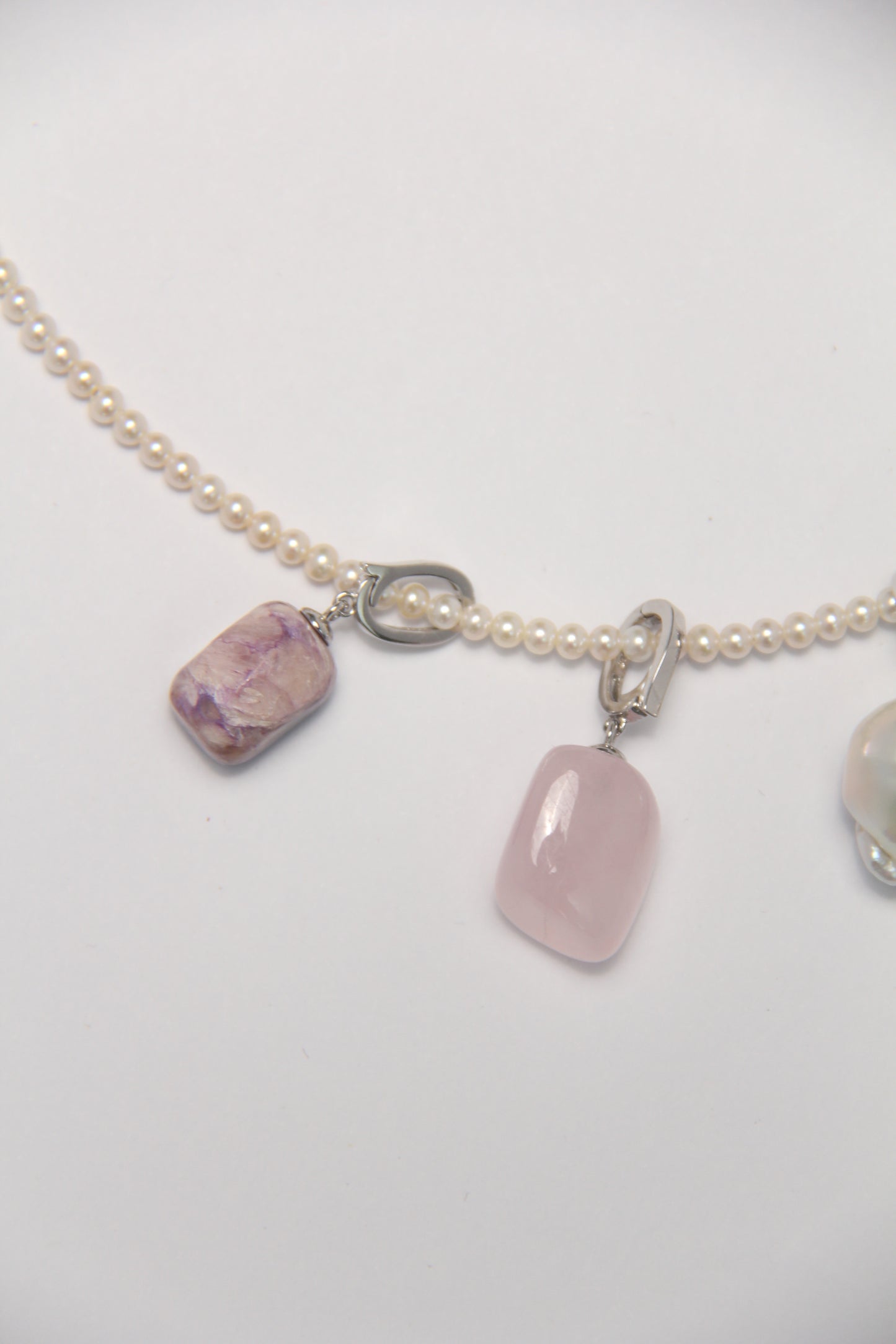 Charms: charoite, morganite, pearls