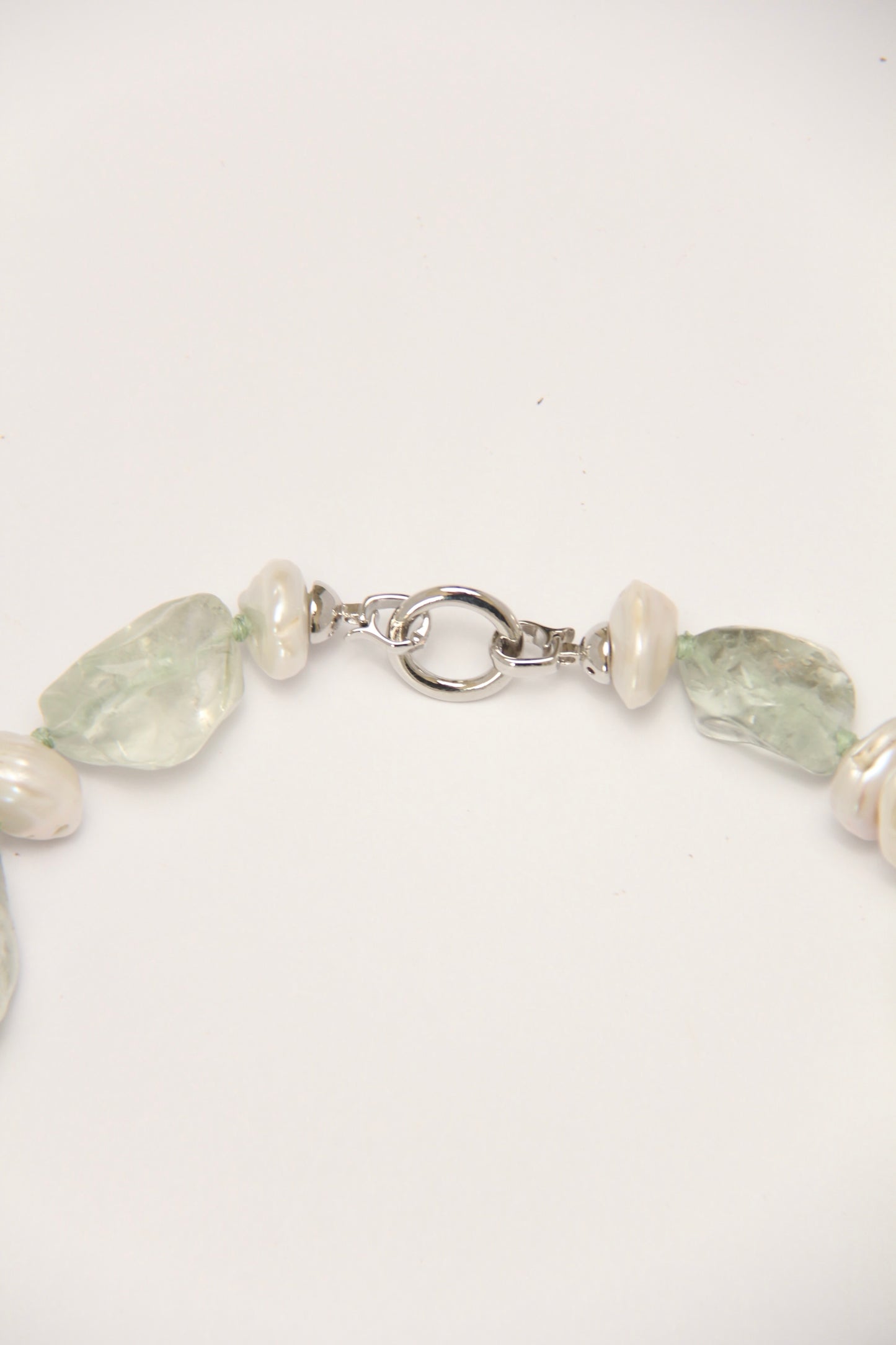Necklace: pearls, prasem quartz