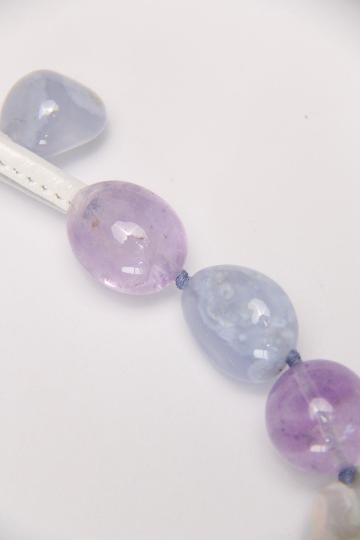 Necklace: blue lace agate, amethyst, pearls