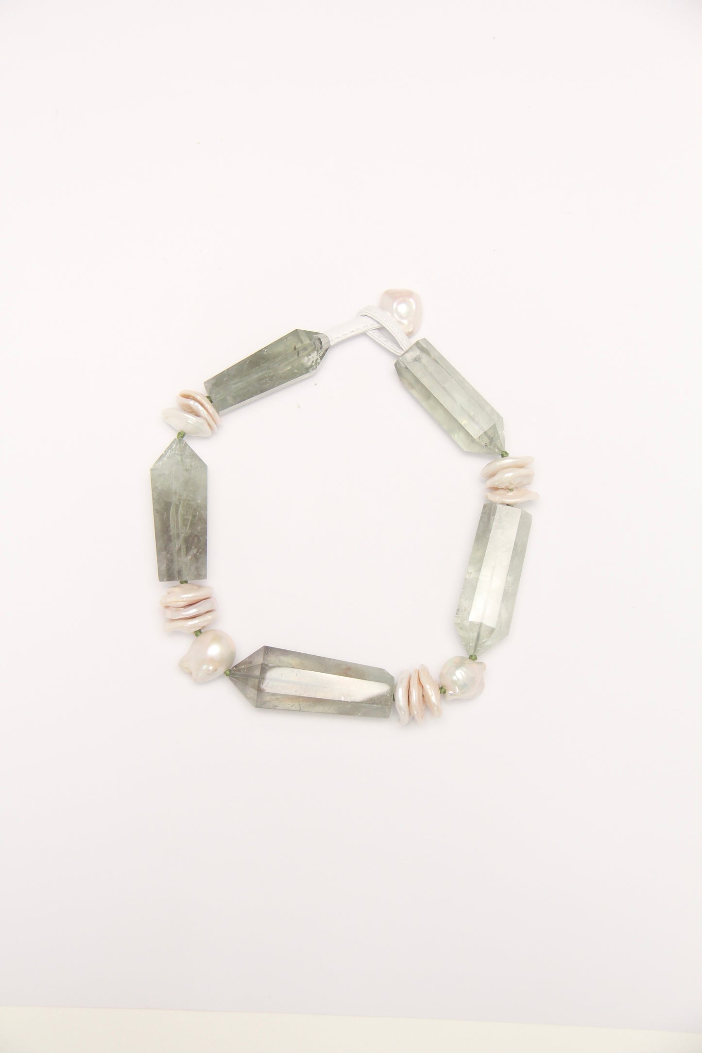 Necklace: prasem quartz, pearls