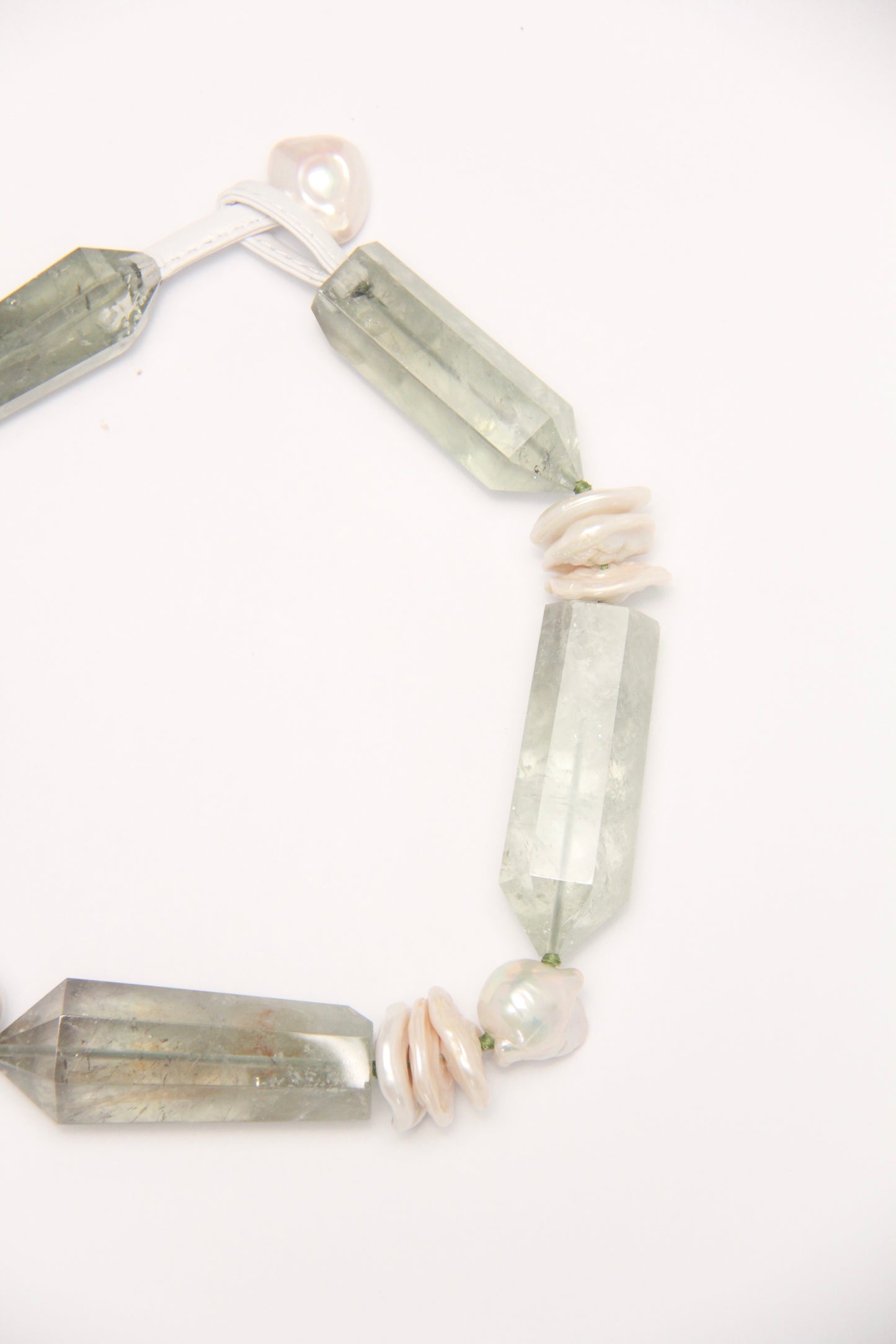 Necklace: prasem quartz, pearls