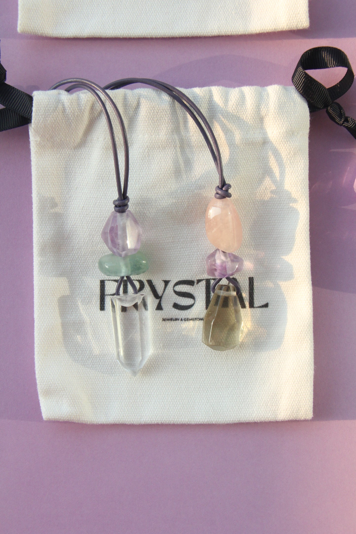 Pendant: morganite, amethyst, citrine, leather