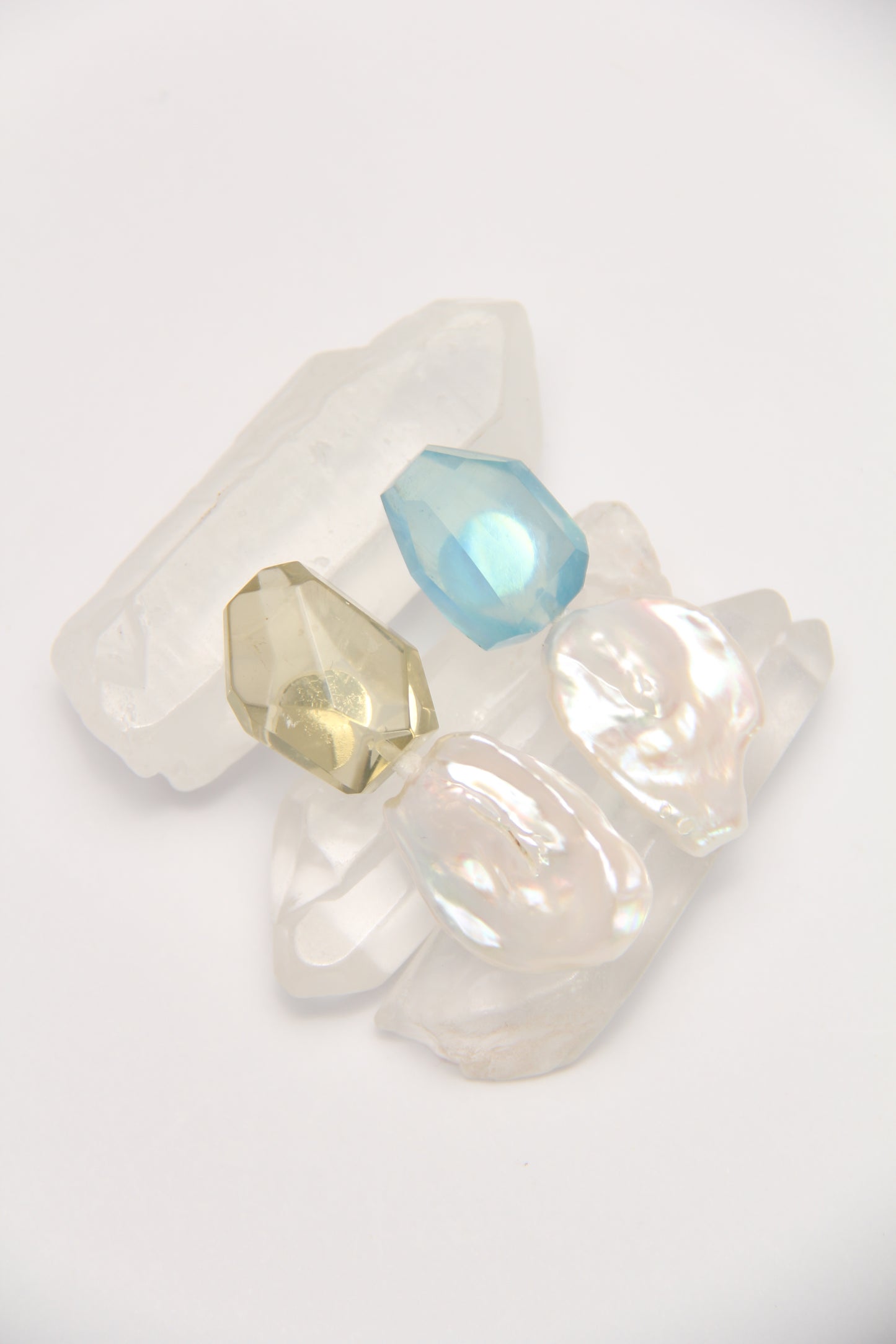 Earrings: pearls, aquamarine, citrine