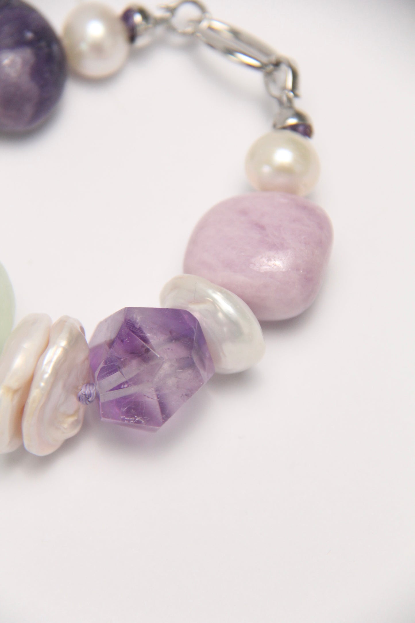 Bracelet: amethyst, kunzite, prehnite, lepidolite, quartz, pearls