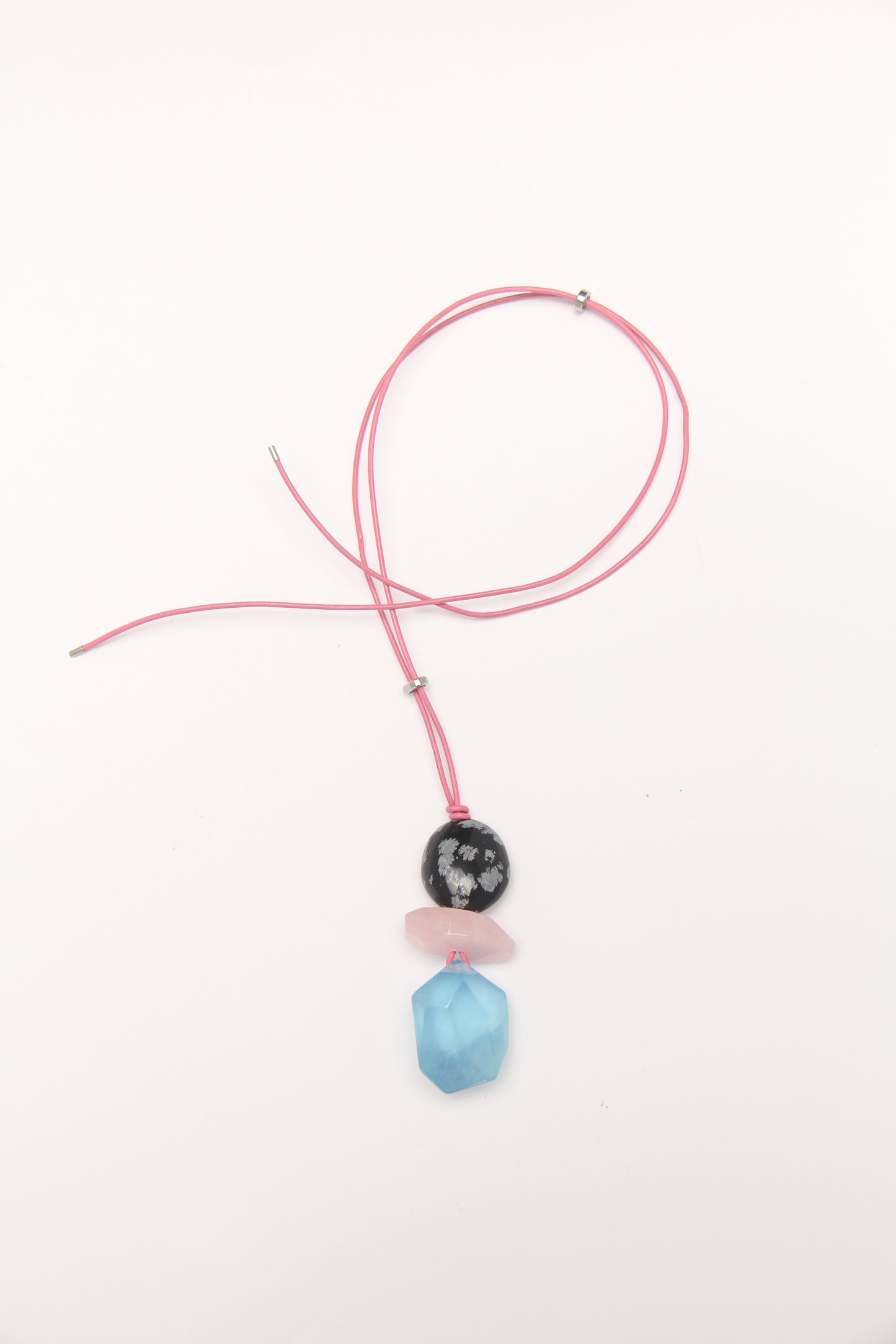 Pendant: aquamarine, morganite,snow obsidian